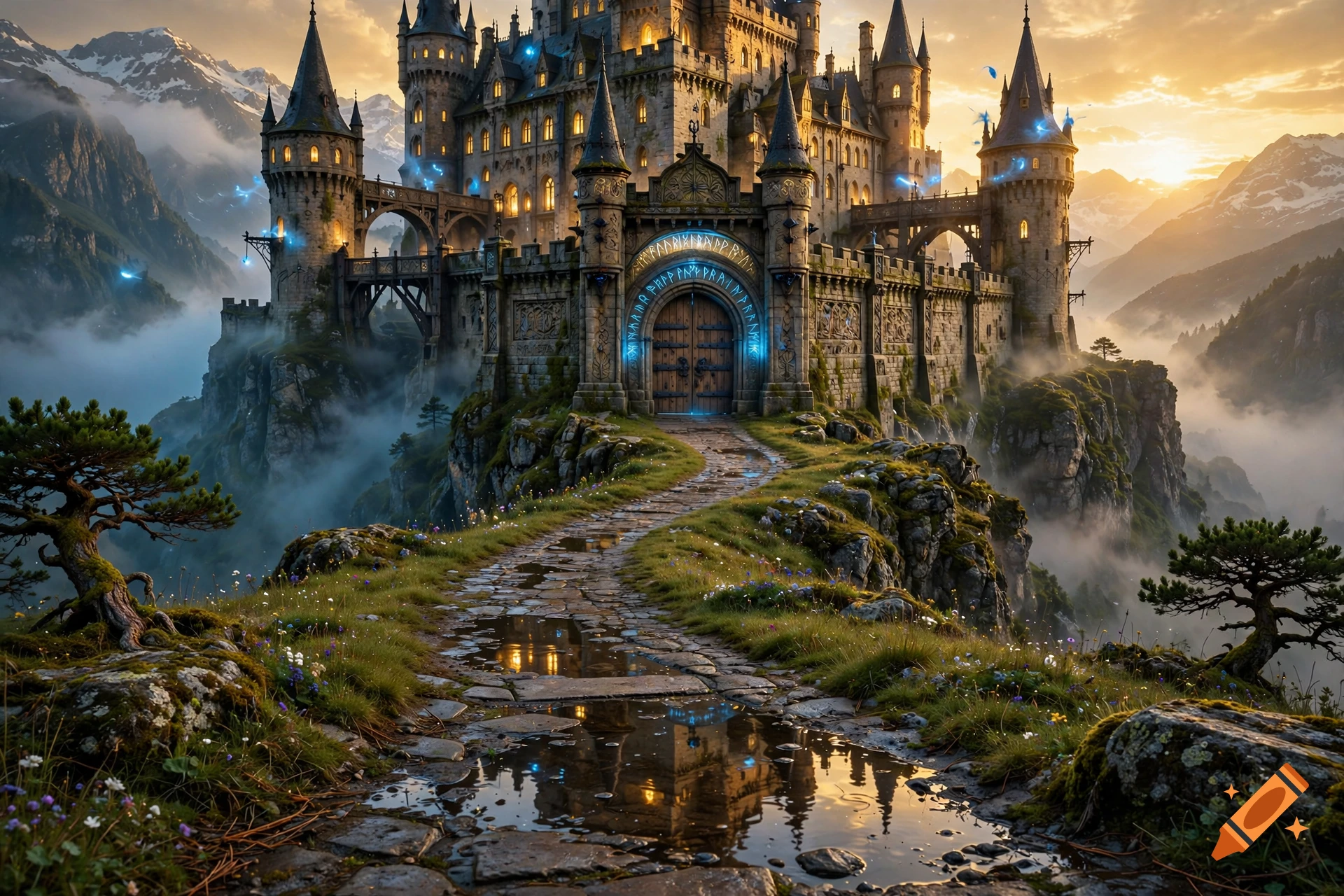 A majestic fantasy castle perched on a rocky cliffside with glowing blue runes above the wooden gate at sunset, digital art style.