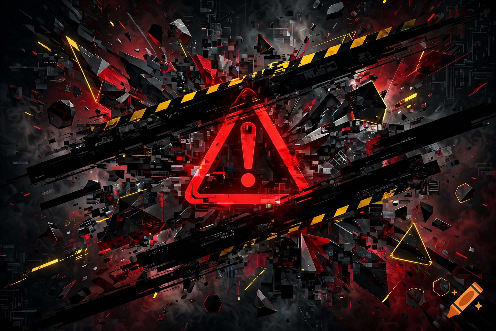An abstract, high-tech digital artwork featuring a glowing red warning sign amidst shattered black and red debris.