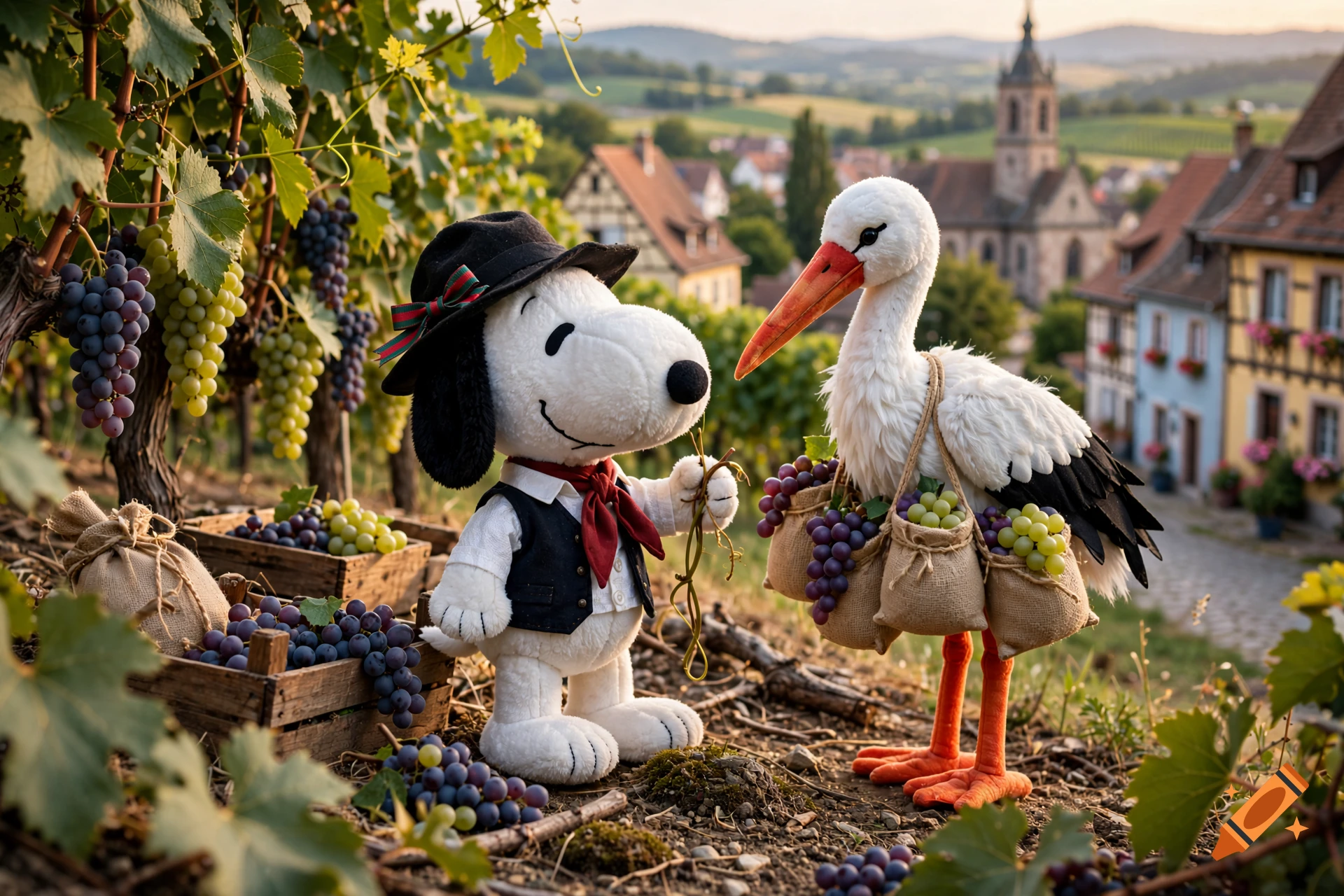 Plush Snoopy in an Alsatian hat and a stork carrying sacks of grapes in a vineyard with a village in the background.