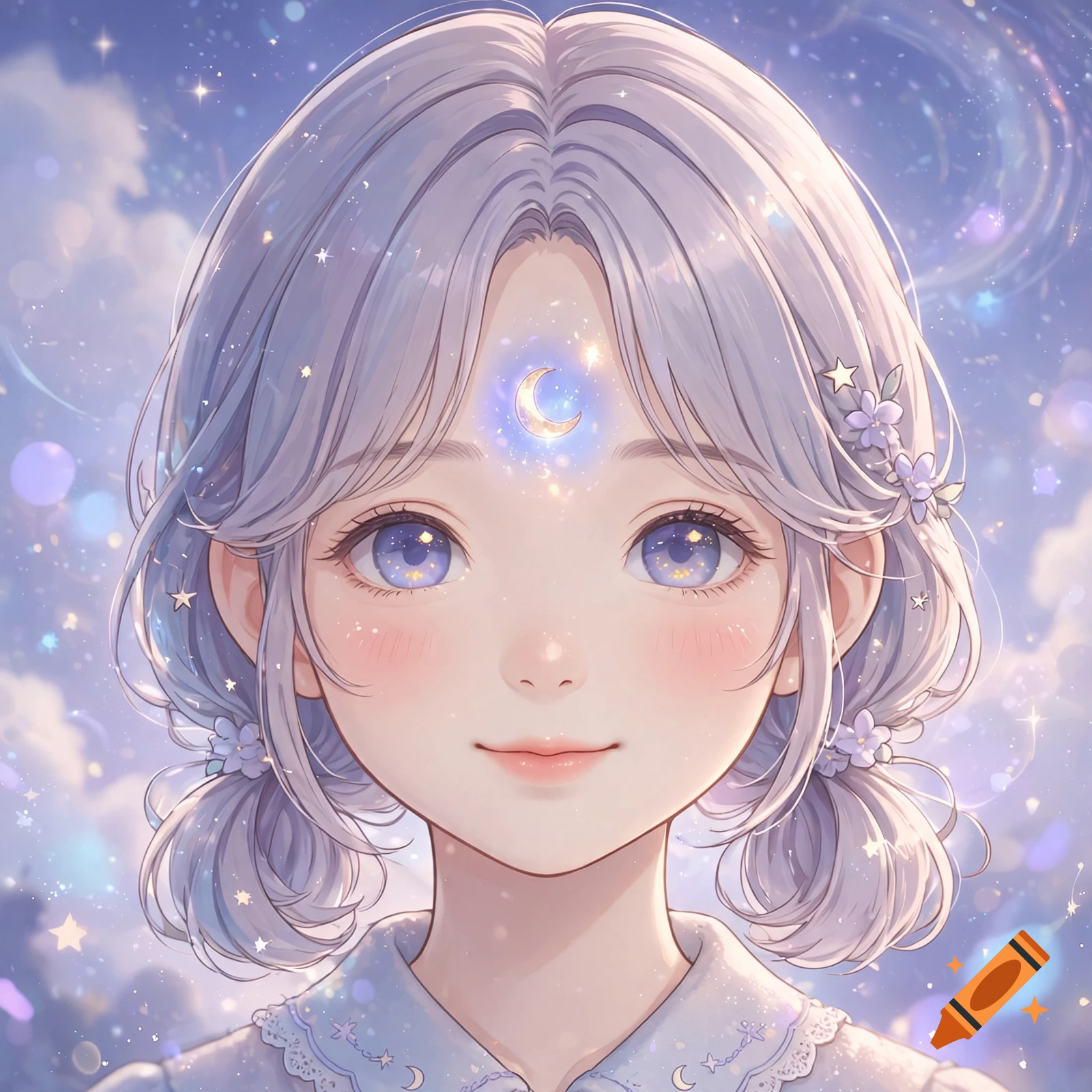 An anime-style illustration of a cute girl with light purple hair and a small glowing crescent moon on her forehead, set against a starry sky background.