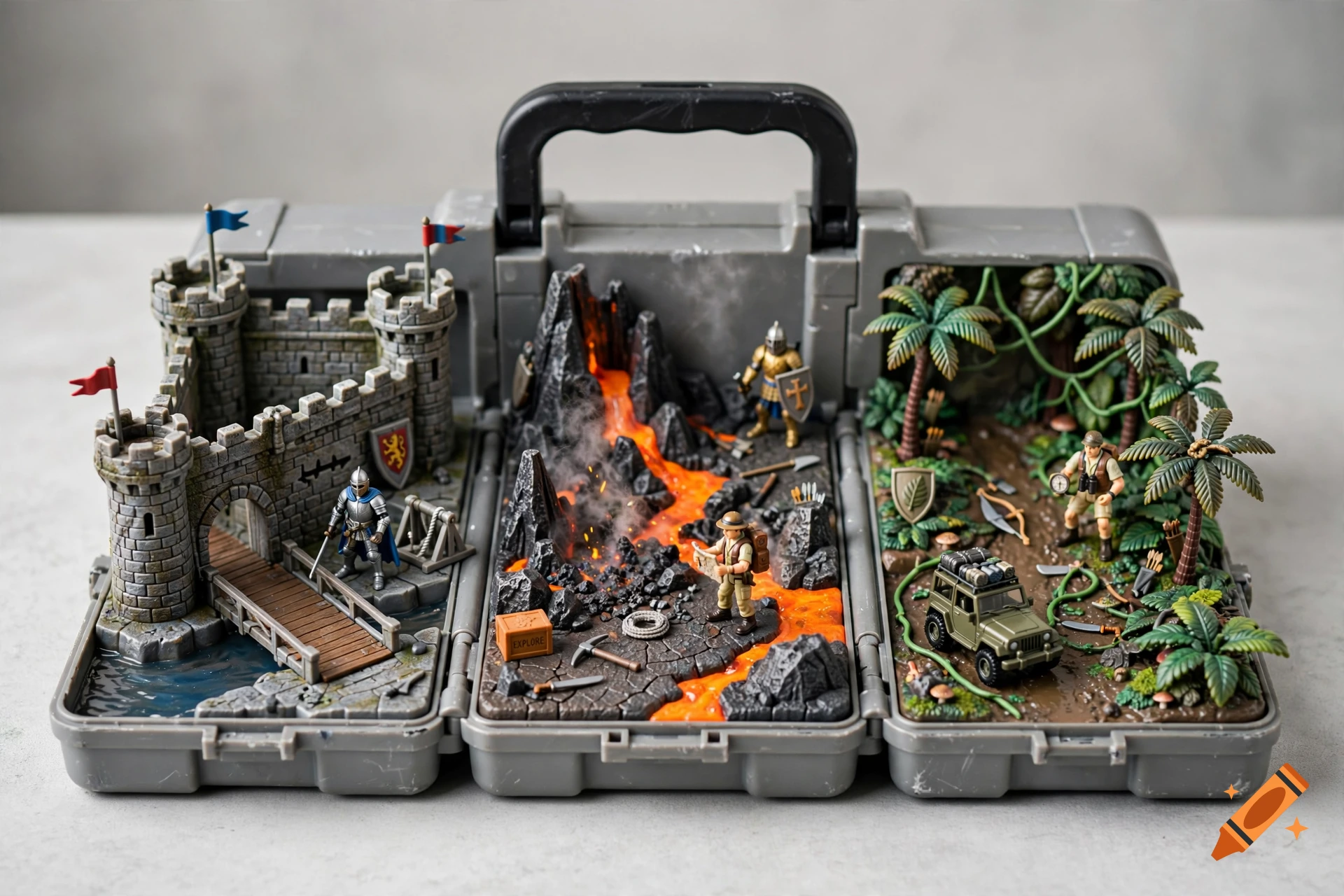 An action figure playset inside a grey carrying case featuring a medieval castle, a volcano with lava, and a jungle with a jeep.