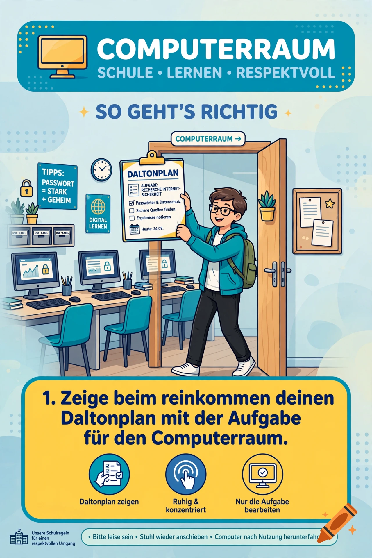 An illustrated school poster in German with rules for the computer room, featuring a student holding a Dalton plan.