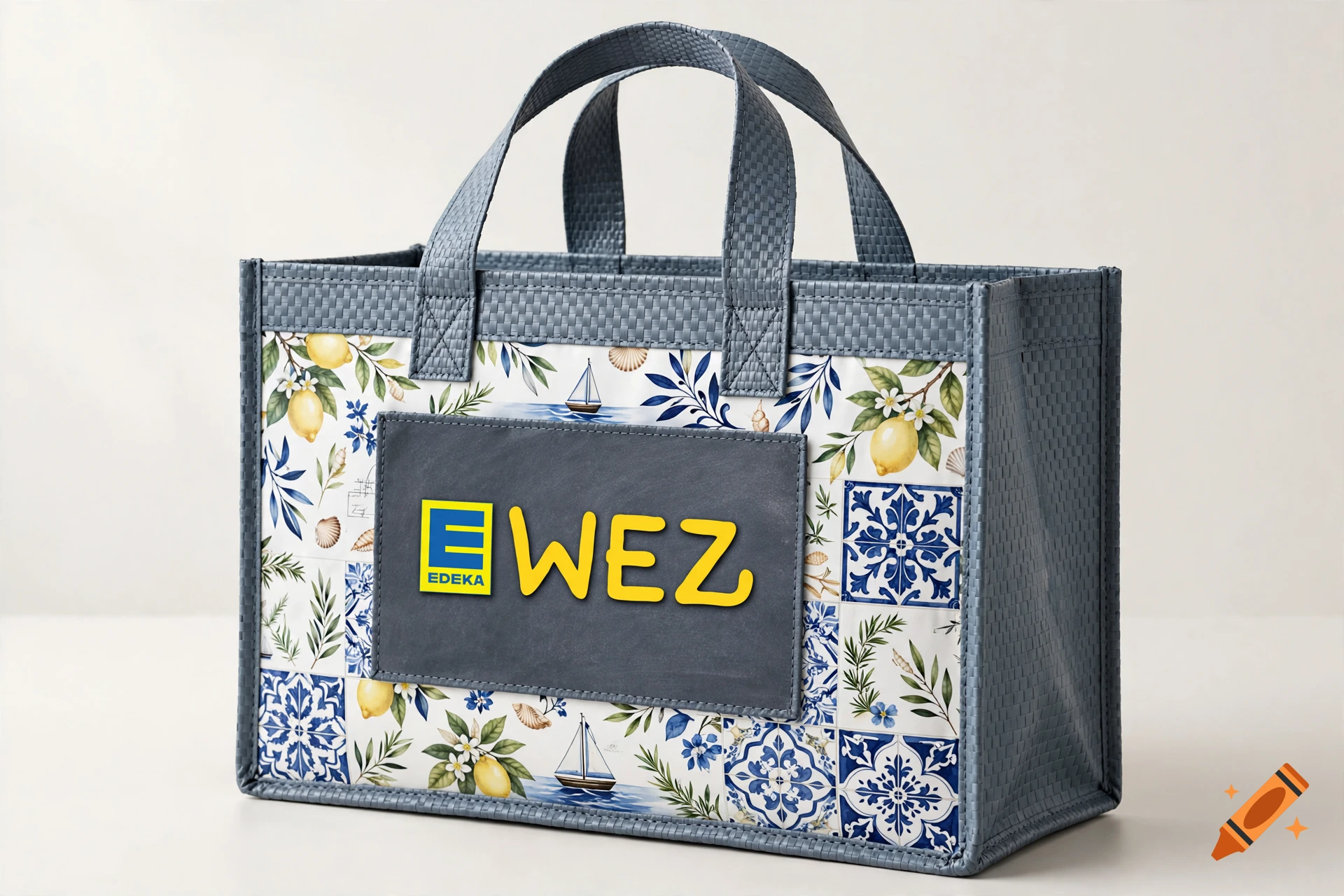 A grey woven plastic shopping bag with an Amalfi lemon and blue tile pattern, featuring an EDEKA WEZ logo on a slate panel.