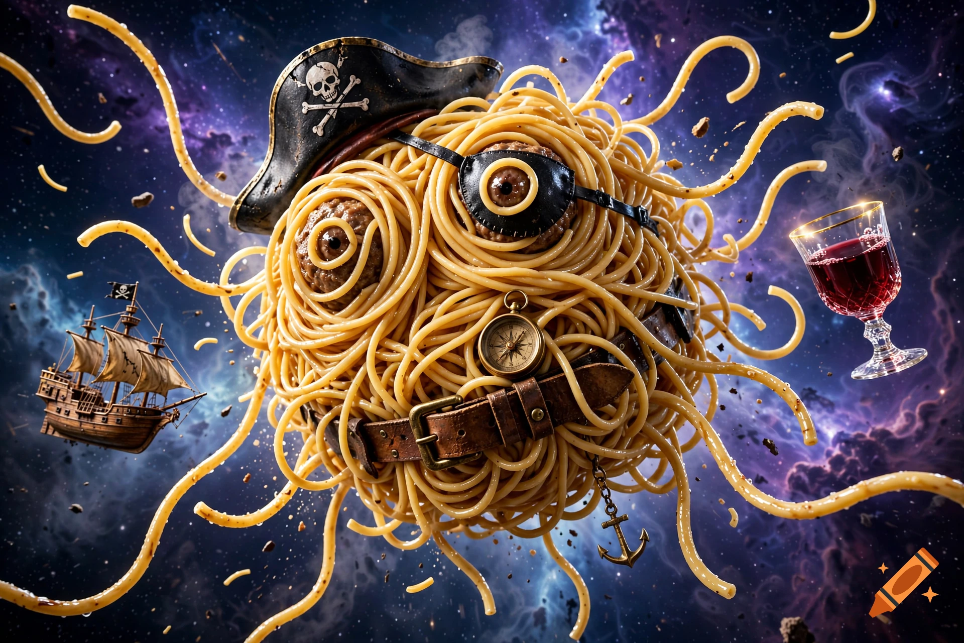 Photorealistic cinematic shot of the Flying Spaghetti Monster wearing a pirate hat and eyepatch floating in outer space.