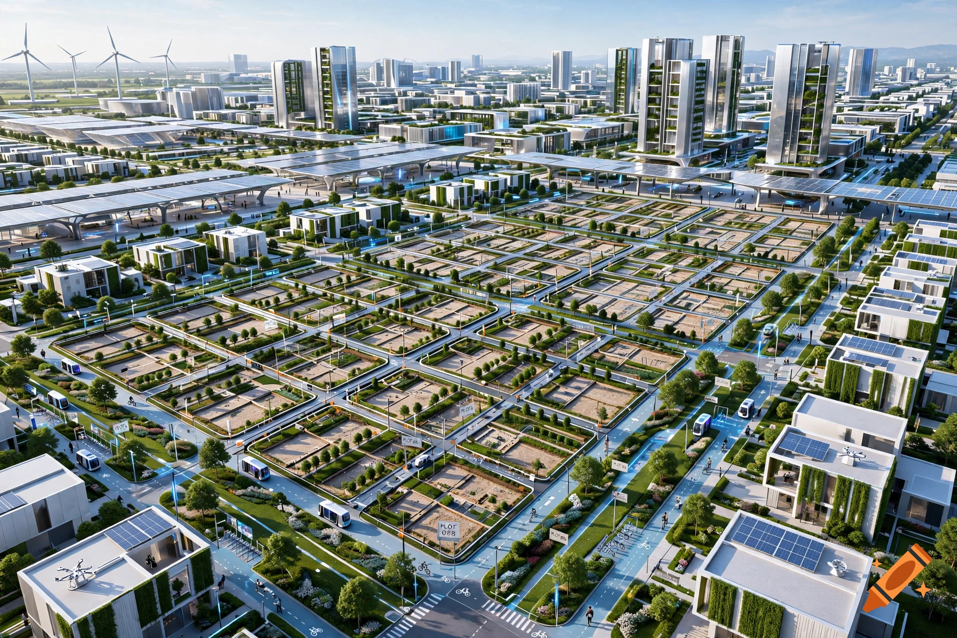 High-angle photorealistic view of a futuristic, planned eco-city with modern skyscrapers, organized plots, and automated vehicles.
