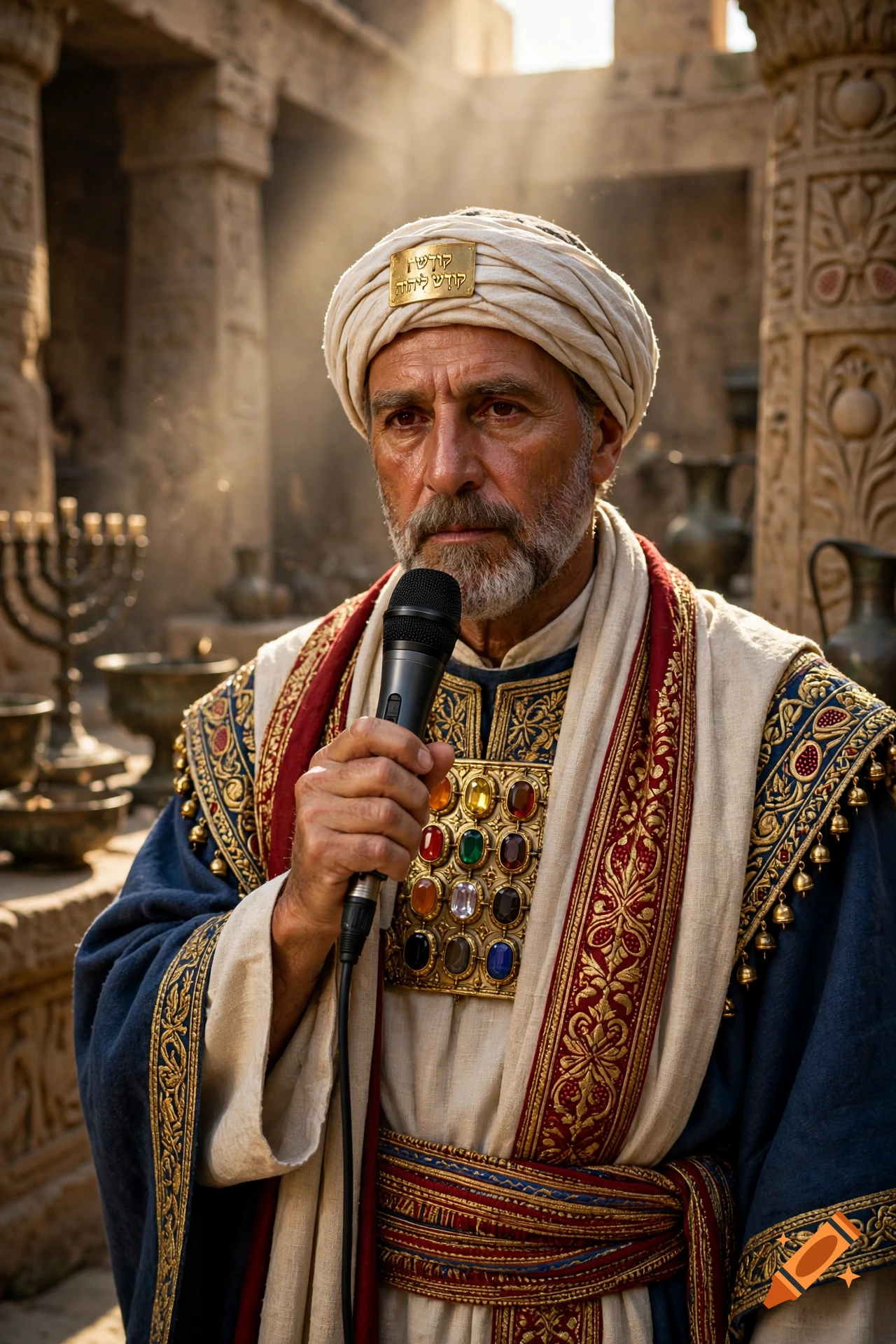 Photorealistic portrait of an Israelite high priest wearing a turban and jeweled breastplate while holding a microphone.