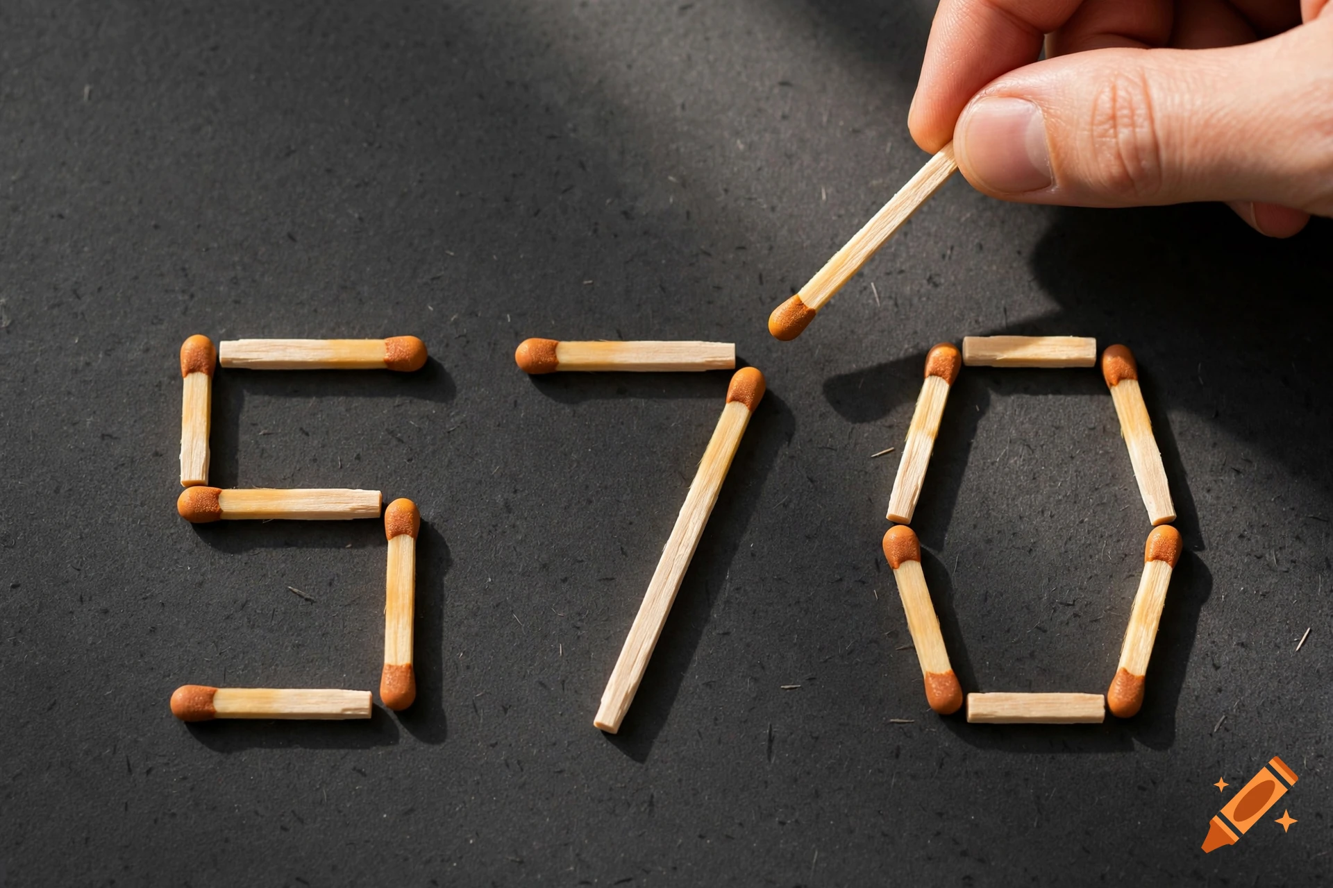 Close-up photograph of a hand moving a matchstick to form numbers out of matches on a dark surface.