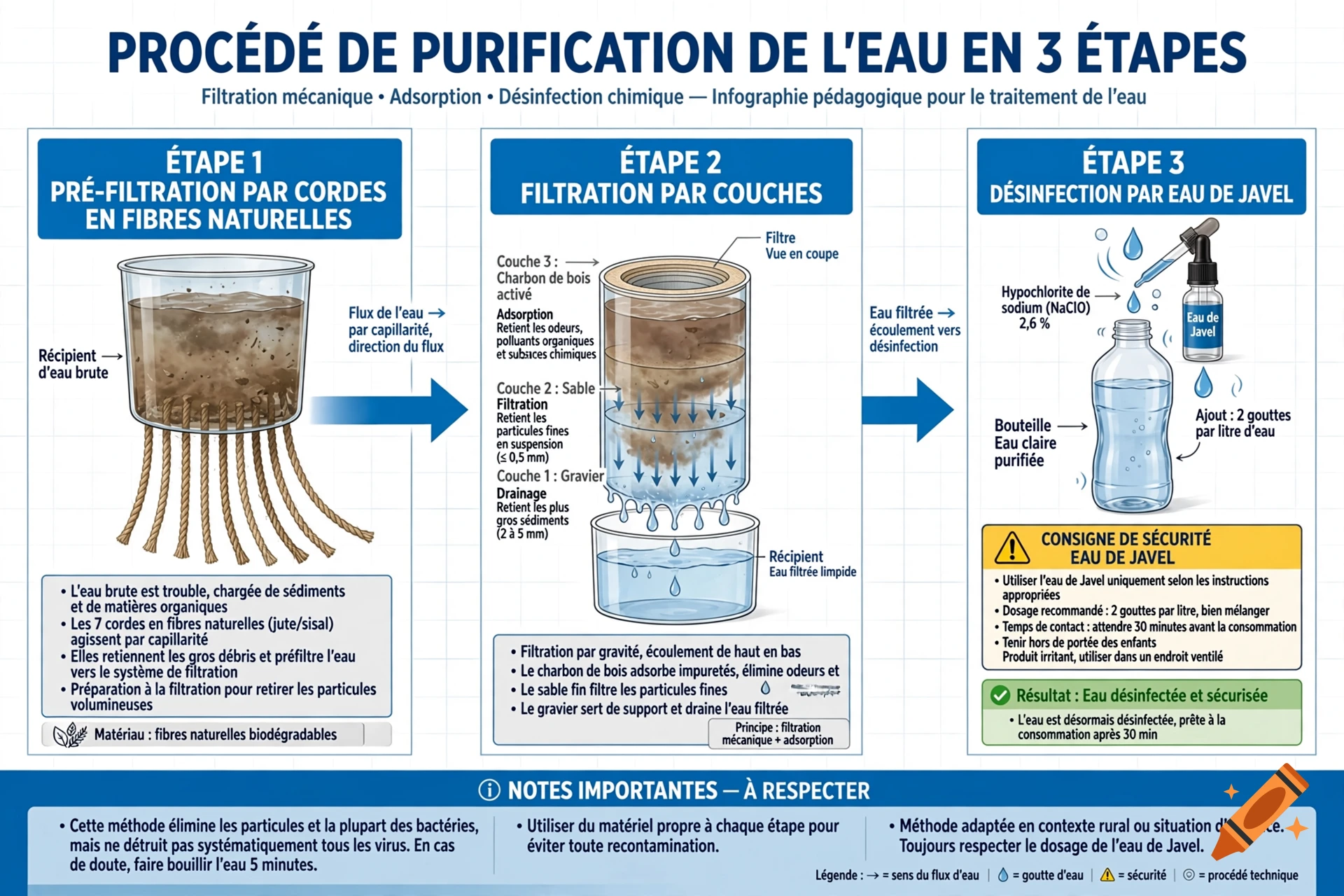 Educational scientific infographic in French illustrating a three-step water purification process.