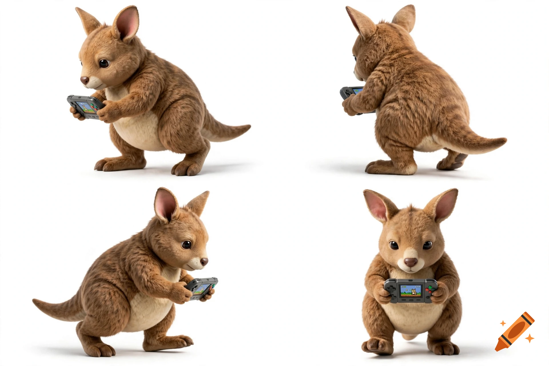 Four views of a cute 3D rendered baby kangaroo-like creature holding a handheld video game console against a plain white background.