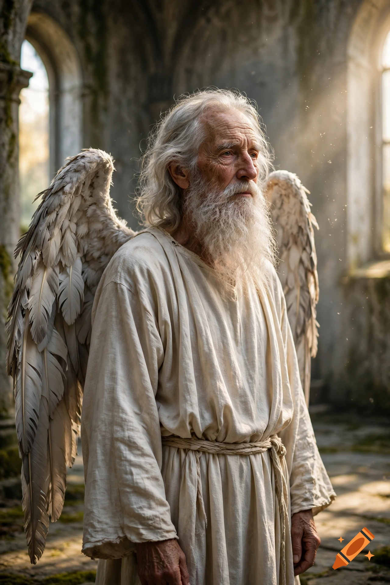 Photorealistic portrait of an aged male angel with large white feathered wings, standing in a rustic stone ruin with soft light streaming through a window.