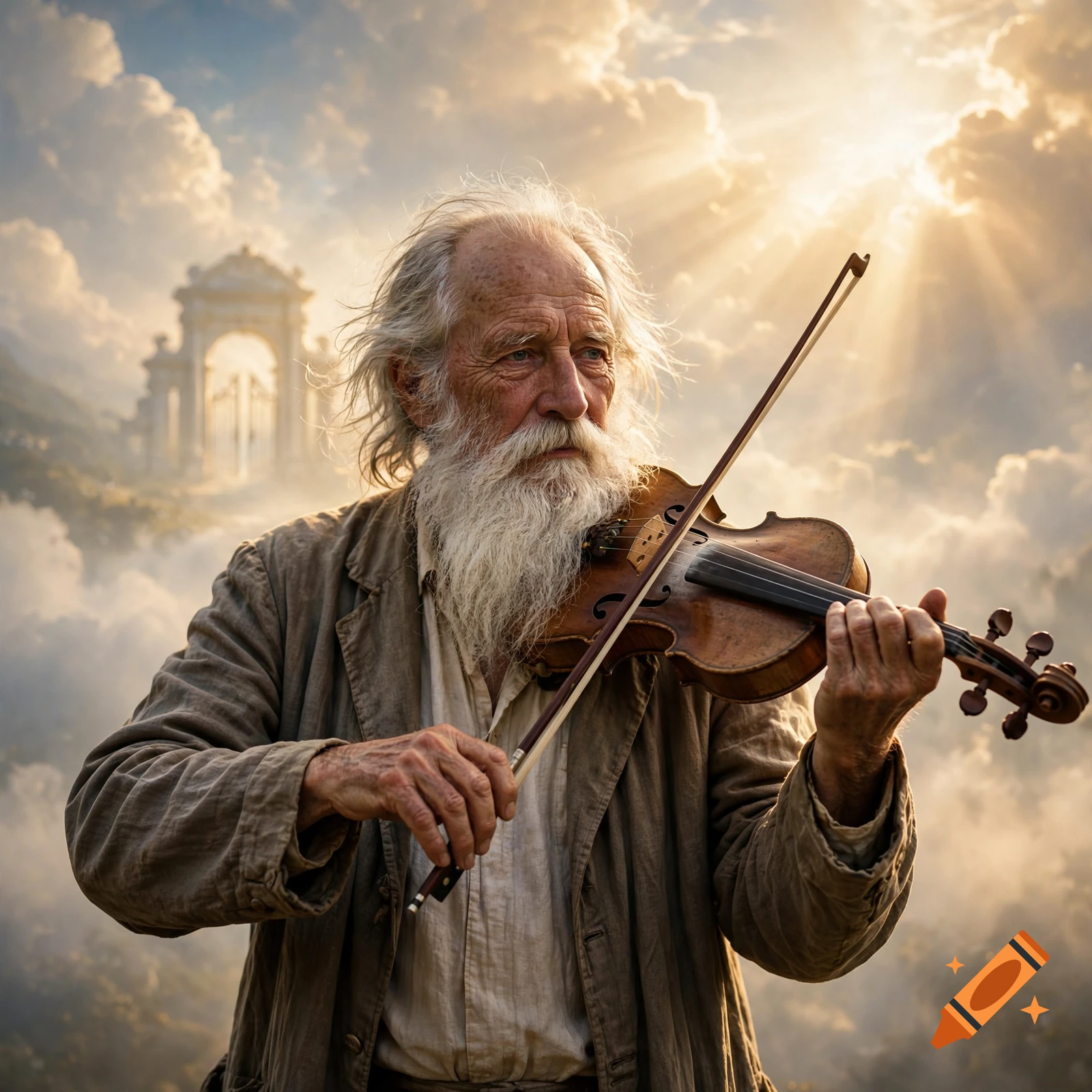 An elderly bearded man with long white hair playing a violin in heaven with clouds and a glowing archway in the background, photorealistic style.