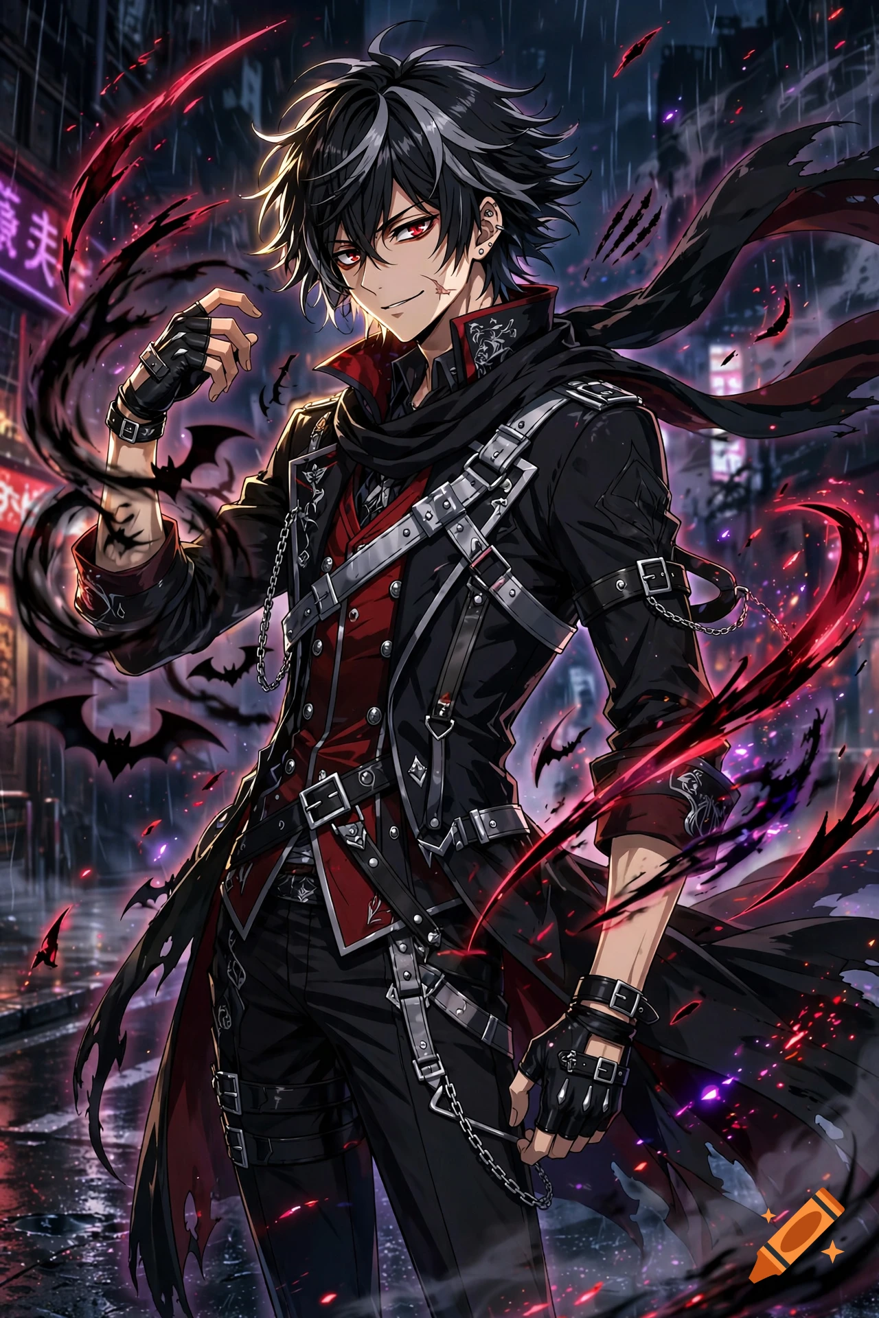 Anime-style illustration of a male character with black hair and red eyes, wearing a black and red outfit with straps and chains.