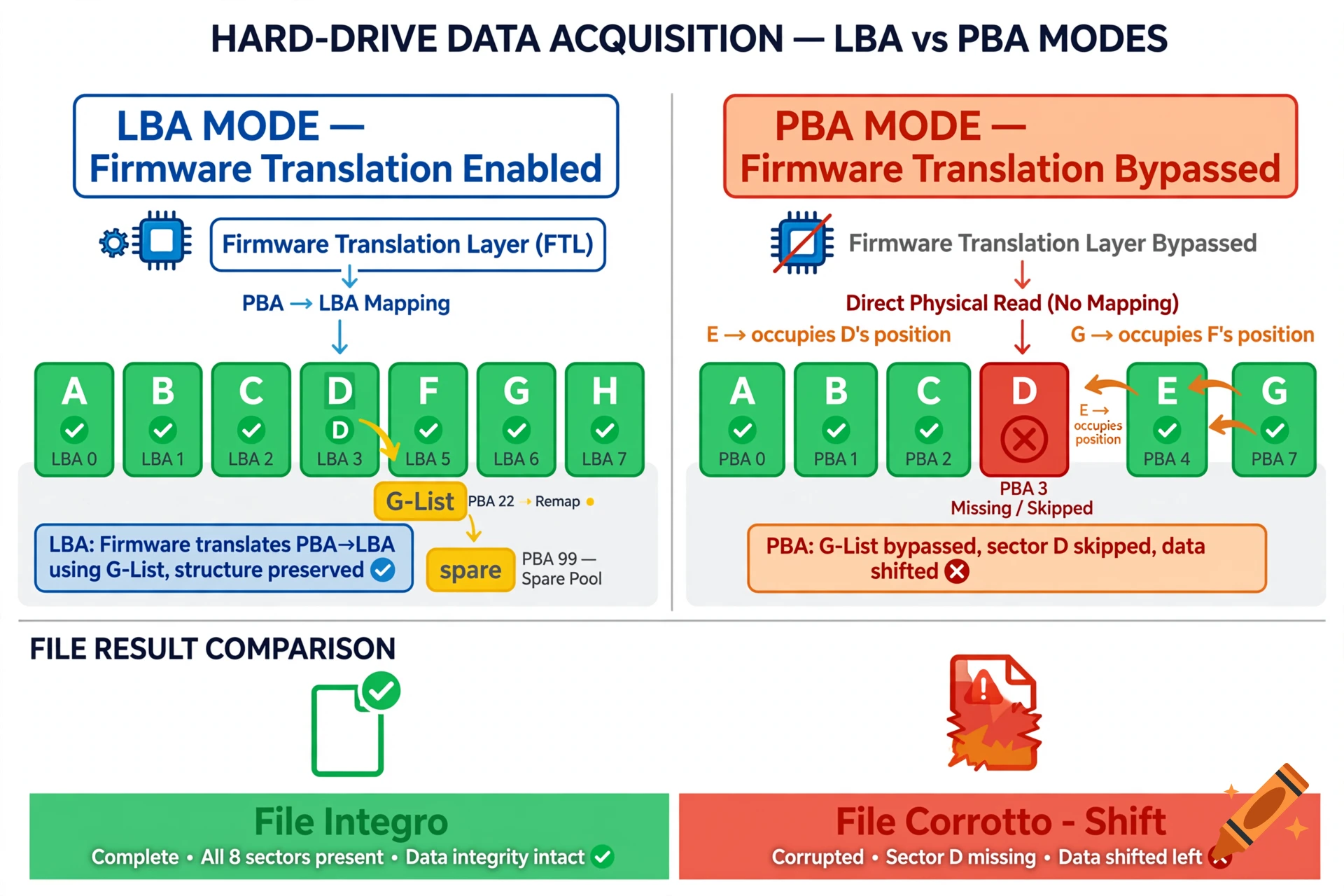 Technical diagram comparing hard-drive data acquisition in LBA and PBA modes with split-screen layout and vector style.