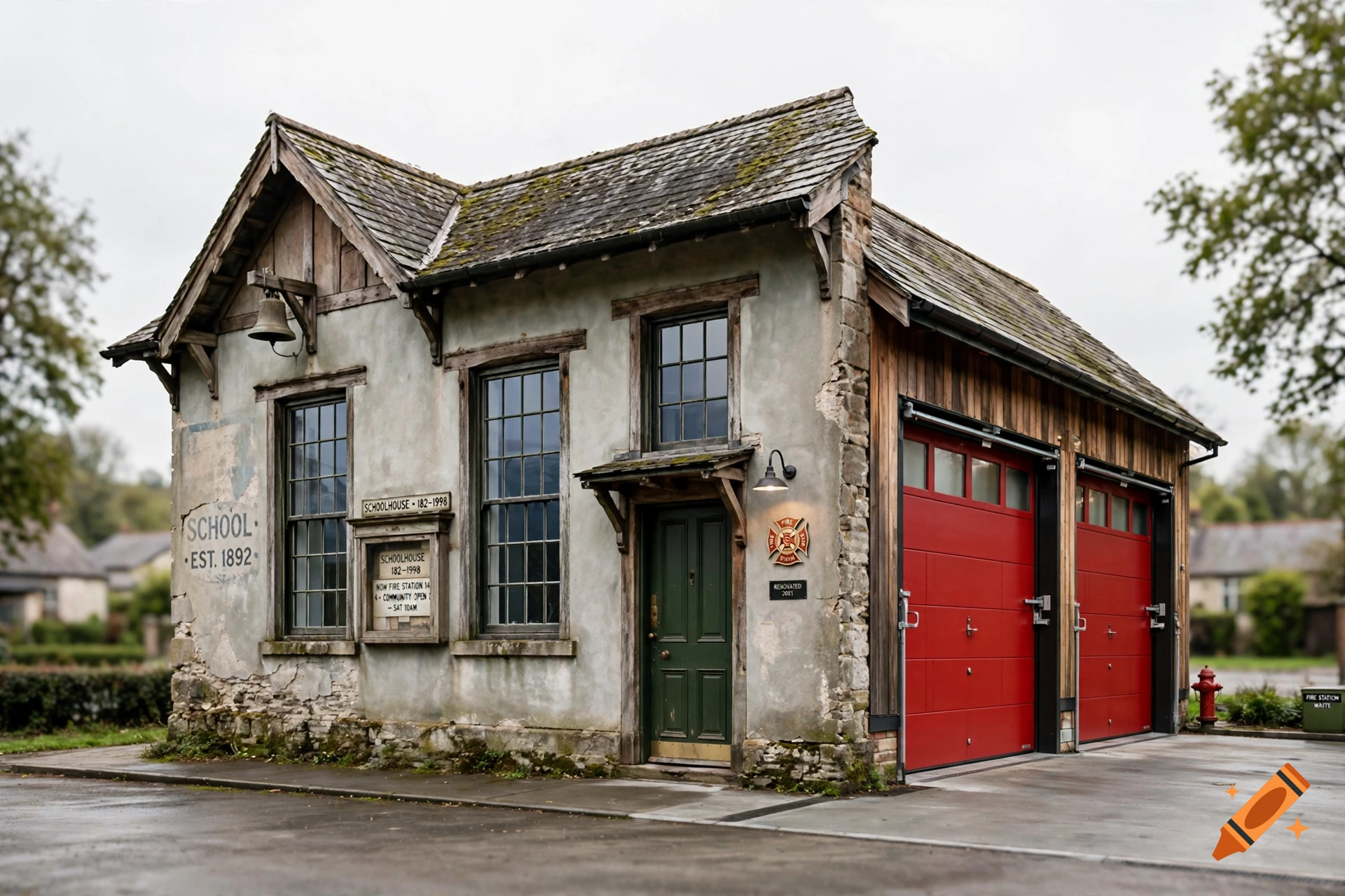Photorealistic image of an old schoolhouse building converted into a fire station with red garage doors.