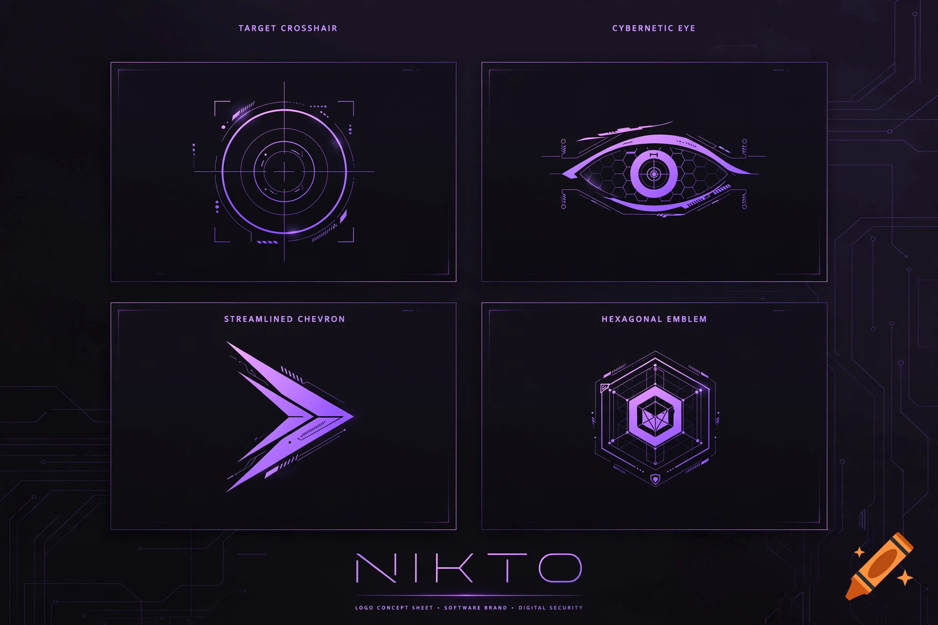 Modern vector logo concept sheet featuring cyberpunk UI elements and the brand name NIKTO in neon purple.