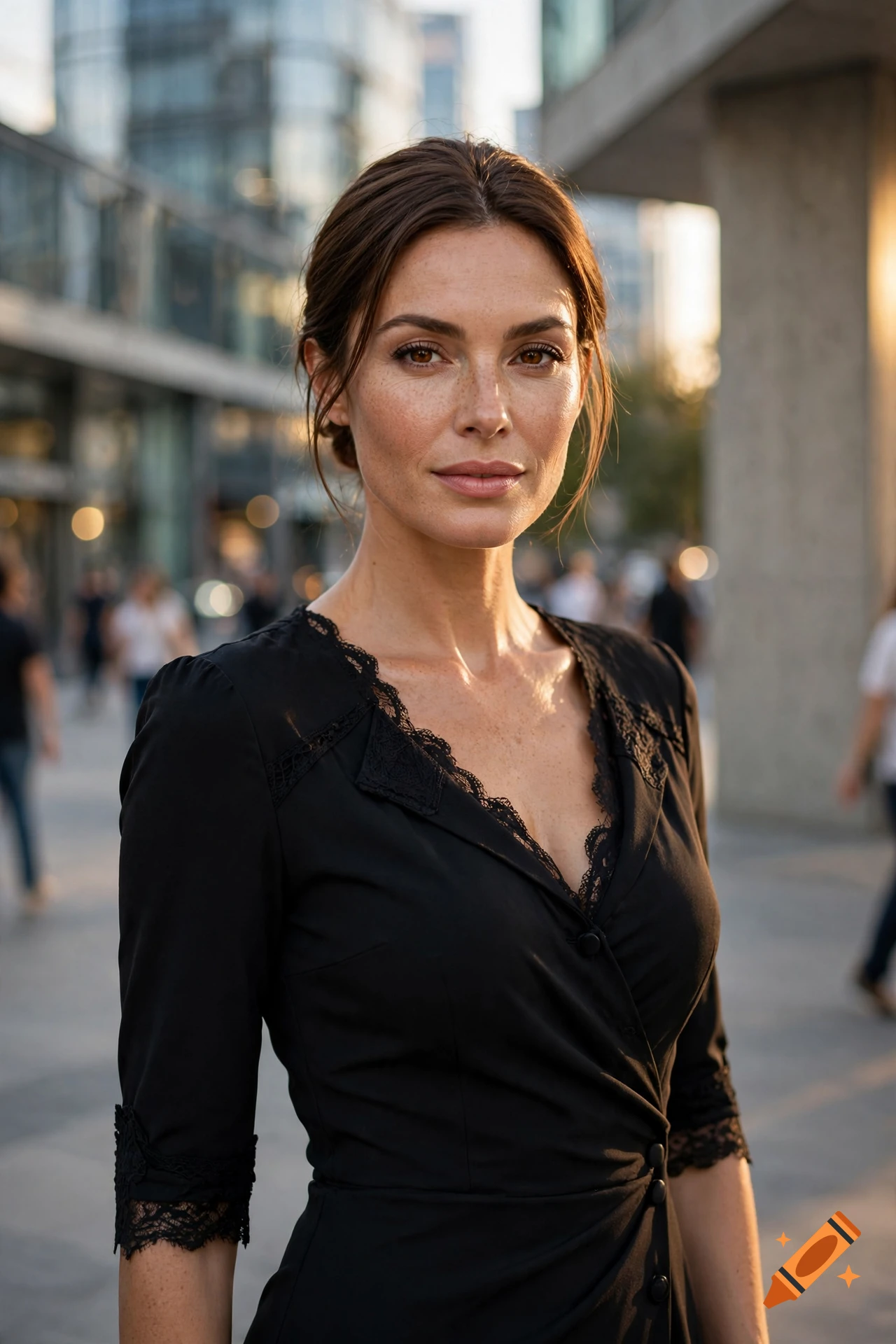 Photorealistic portrait of a woman with brown hair and freckles wearing a black dress in an outdoor urban setting.