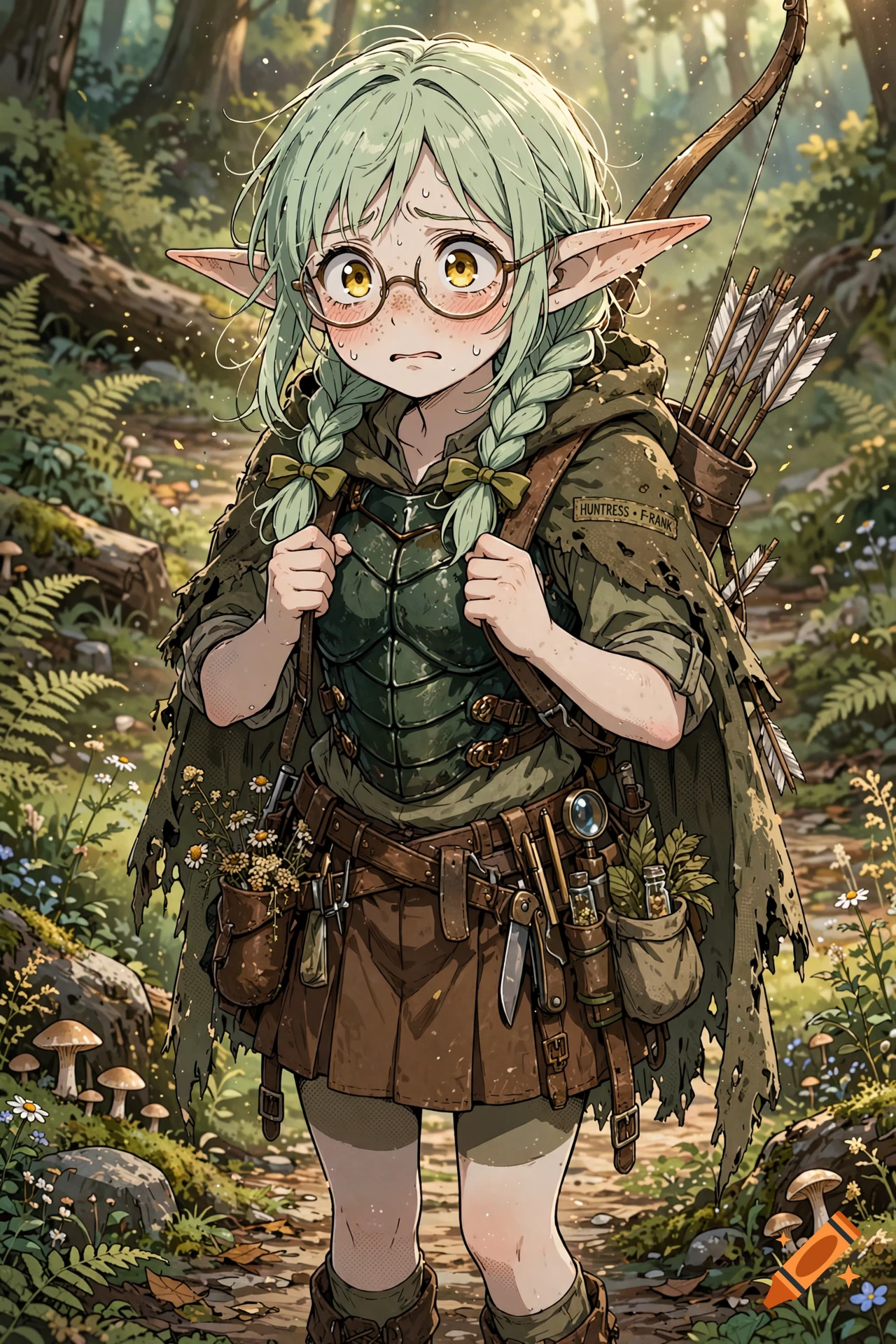 Anxious anime wood elf adventurer with green twin braids, glasses, and beetle shell armor in a forest, digital art style.