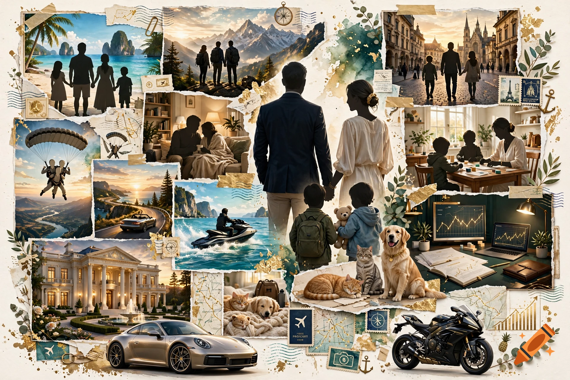 Vision board collage featuring family silhouettes, luxury cars, travel destinations, and pets.