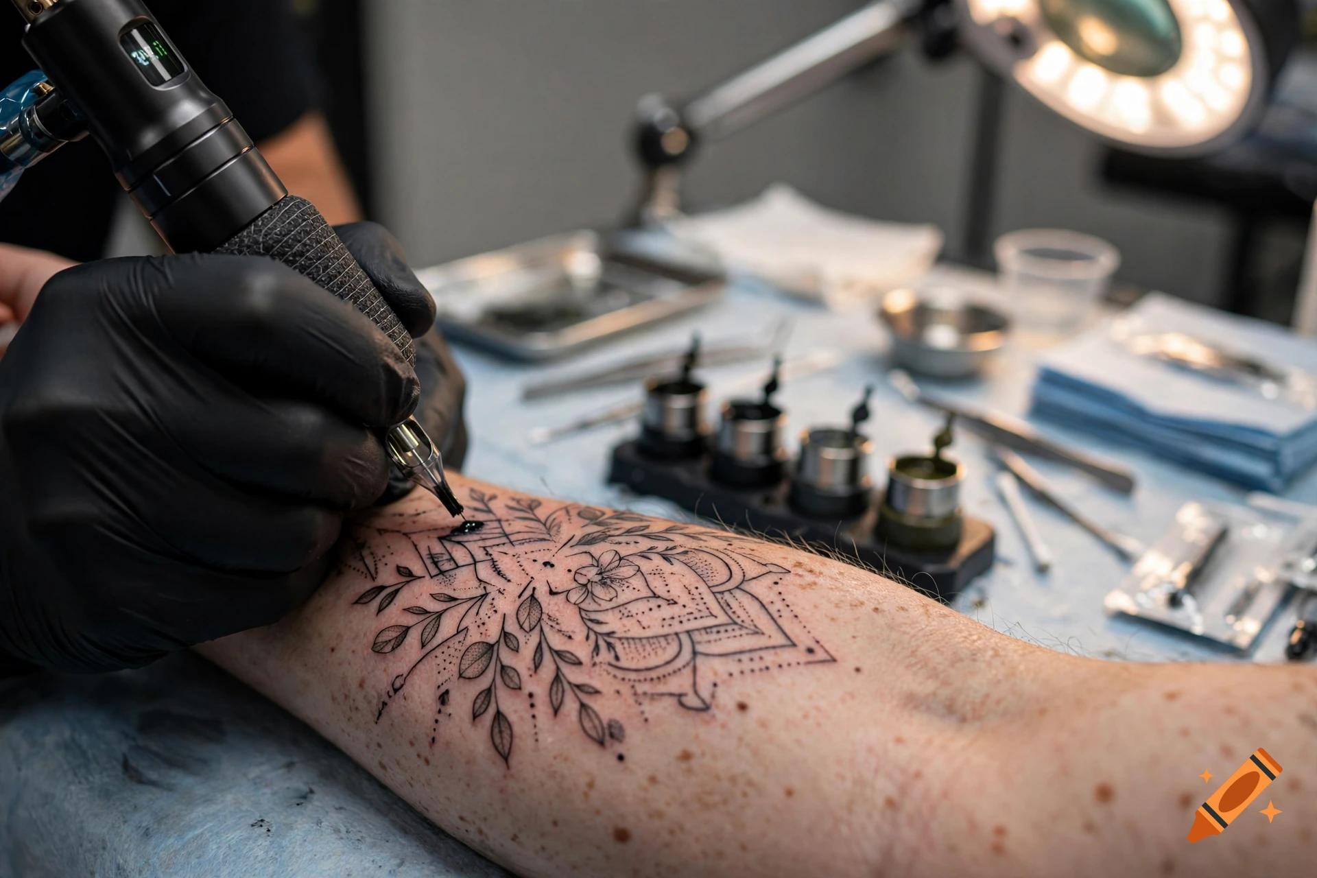 Close-up of a gloved tattoo artist working on a detailed geometric and floral tattoo on a person's forearm in a studio.