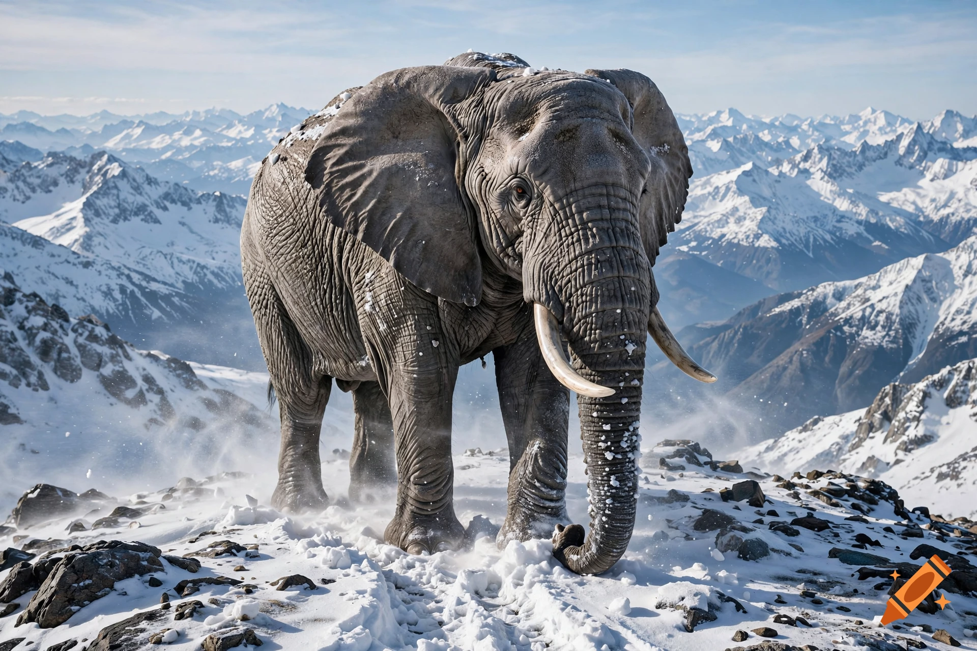 Photorealistic image of a large elephant standing on a snowy mountain peak with distant snowy mountains in the background.