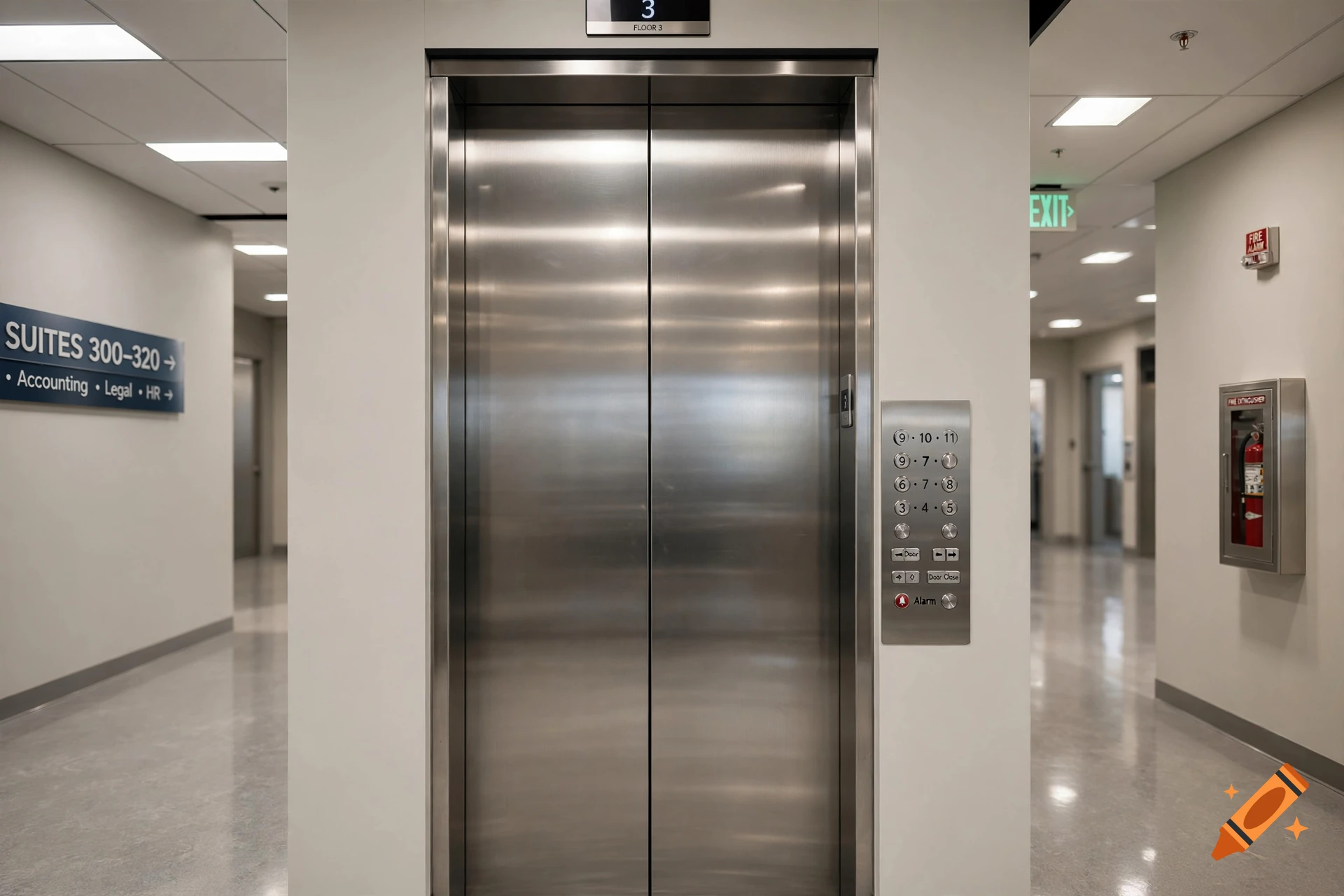 Photorealistic image of a stainless steel elevator in a modern office hallway with floor and suite signs.