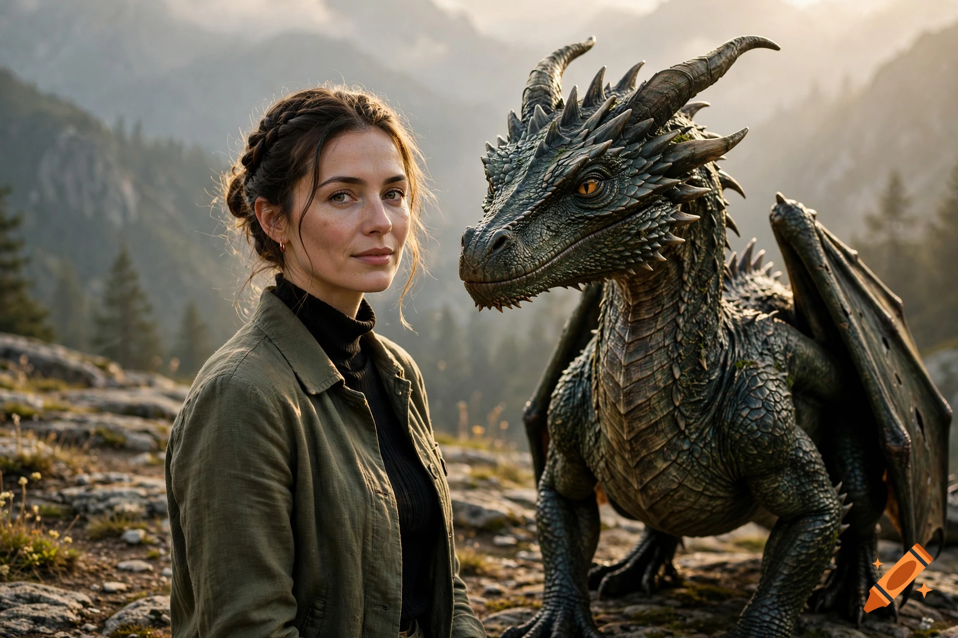 A woman standing outdoors next to a detailed, scaled dragon with mountains in the background.