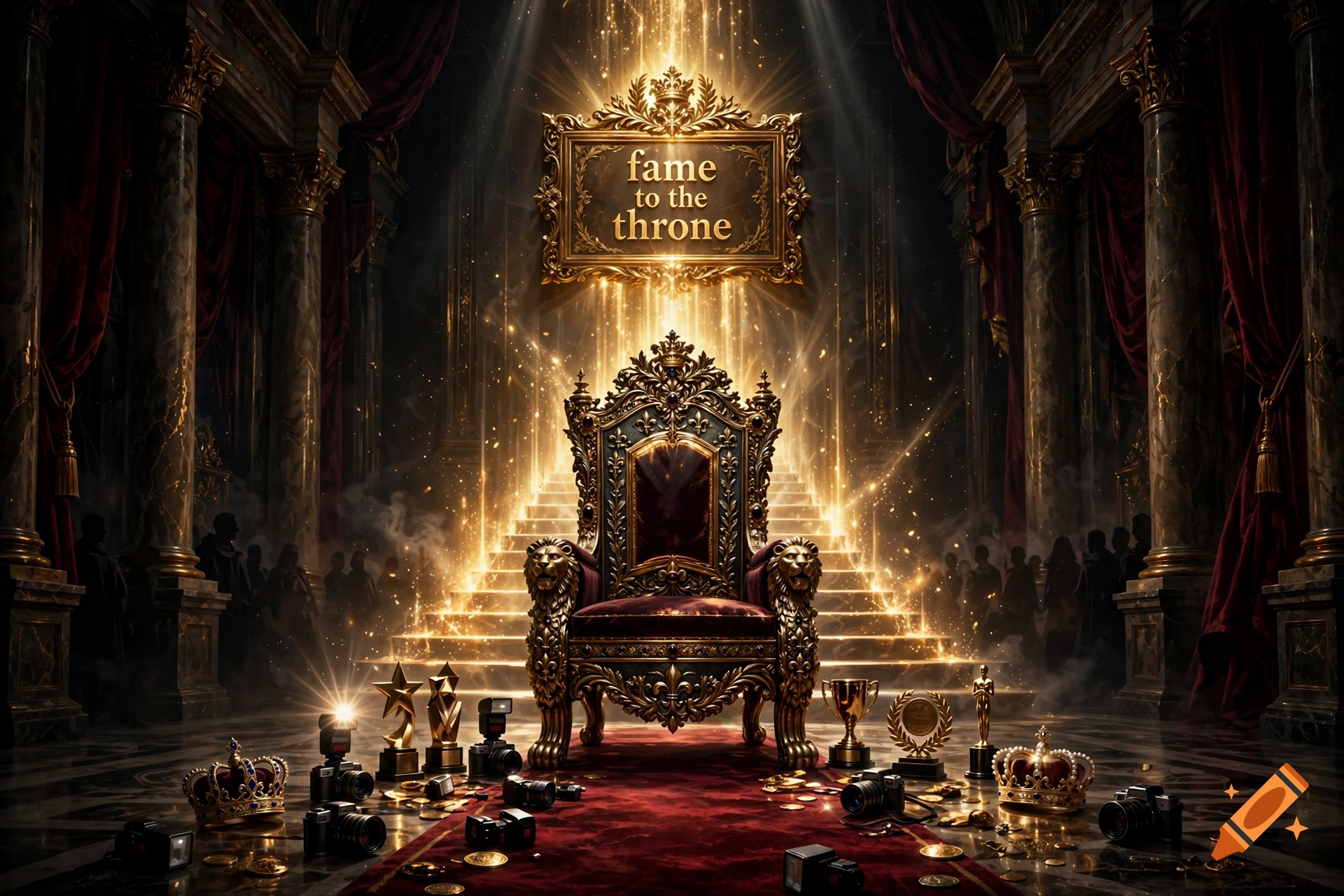 An ornate golden throne in a grand hall with red carpets, cameras, and glowing lights, featuring a sign that reads 'fame to the throne'.
