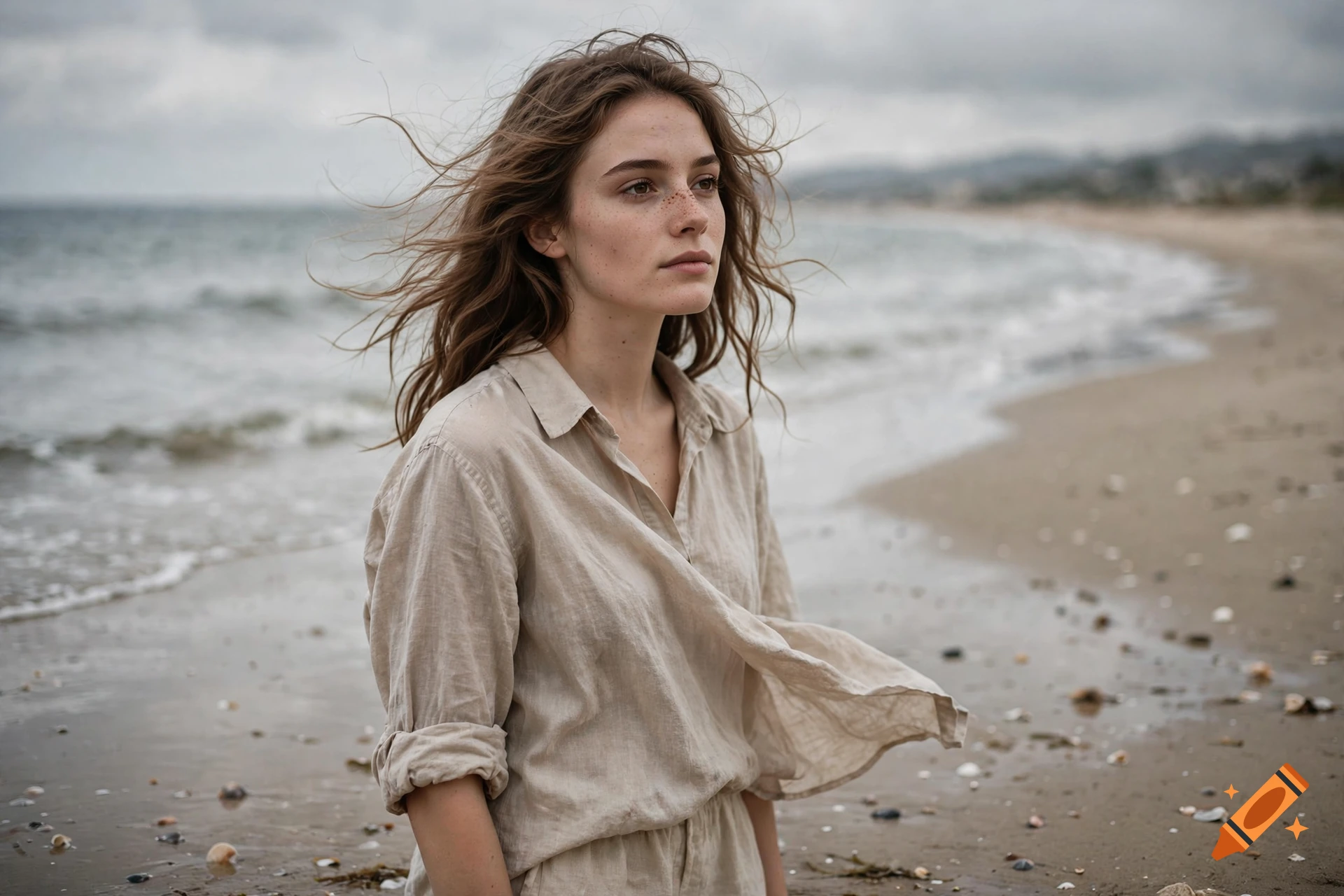 Photorealistic portrait of a young woman with freckles and brown hair standing on a windy beach, wearing a beige shirt.