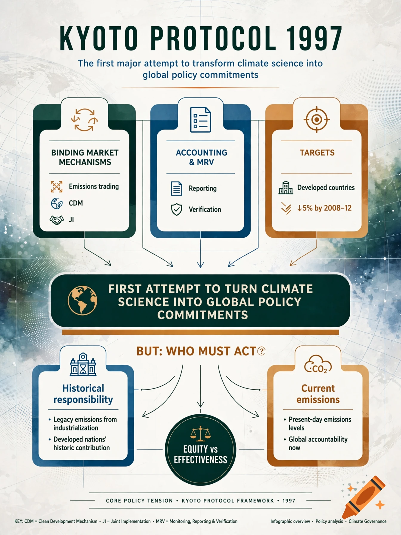 Detailed infographic illustrating the Kyoto Protocol of 1997 with various policy mechanisms and considerations.