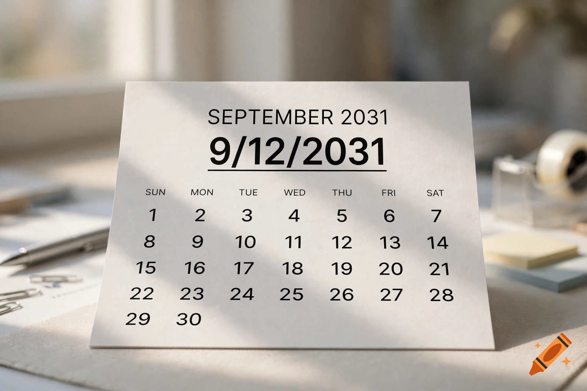 A photorealistic desk calendar showing the date September 12, 2031, sitting on a wooden surface.