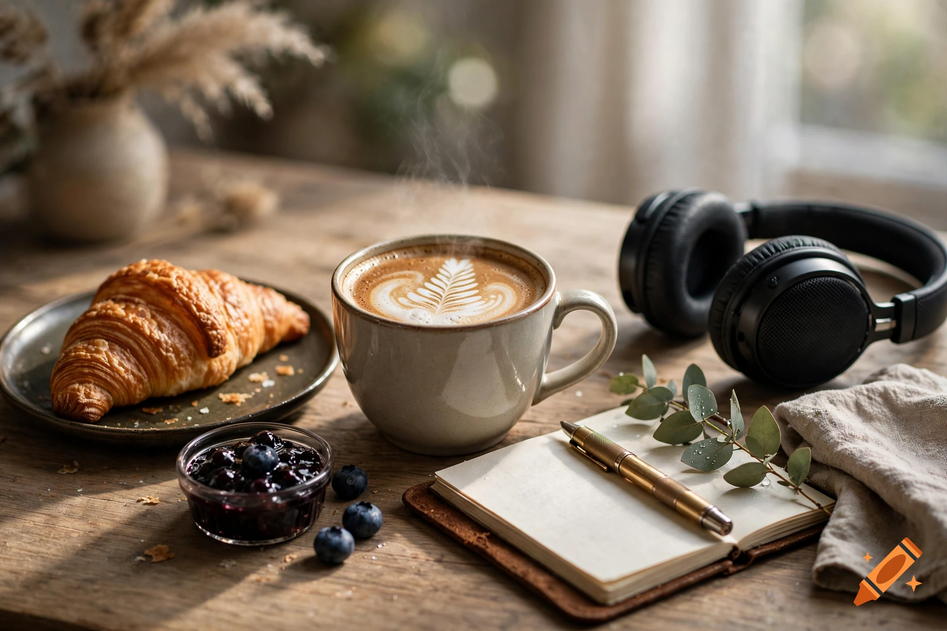 Photorealistic scene of a desk with a warm latte, a croissant with berry jam, a notebook, headphones, and a sprig of eucalyptus.