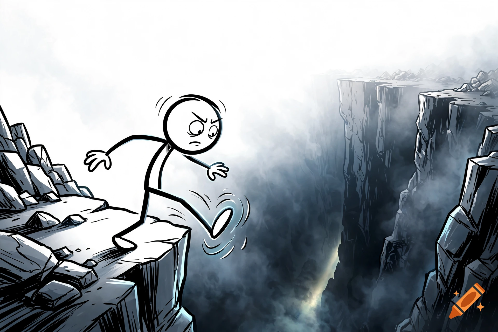 Cartoon stick man looking determined while stepping over a large cliff edge into a misty canyon.