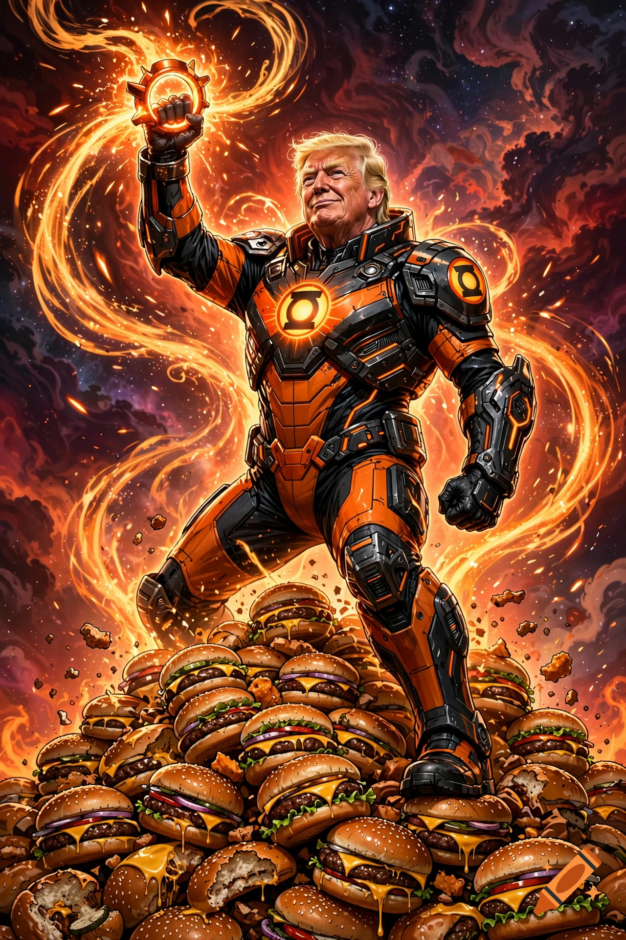 A man resembling Donald Trump wearing an orange and black futuristic combat suit, holding an orange glowing ring, and standing atop a massive pile of hamburgers against a fiery, cosmic background.