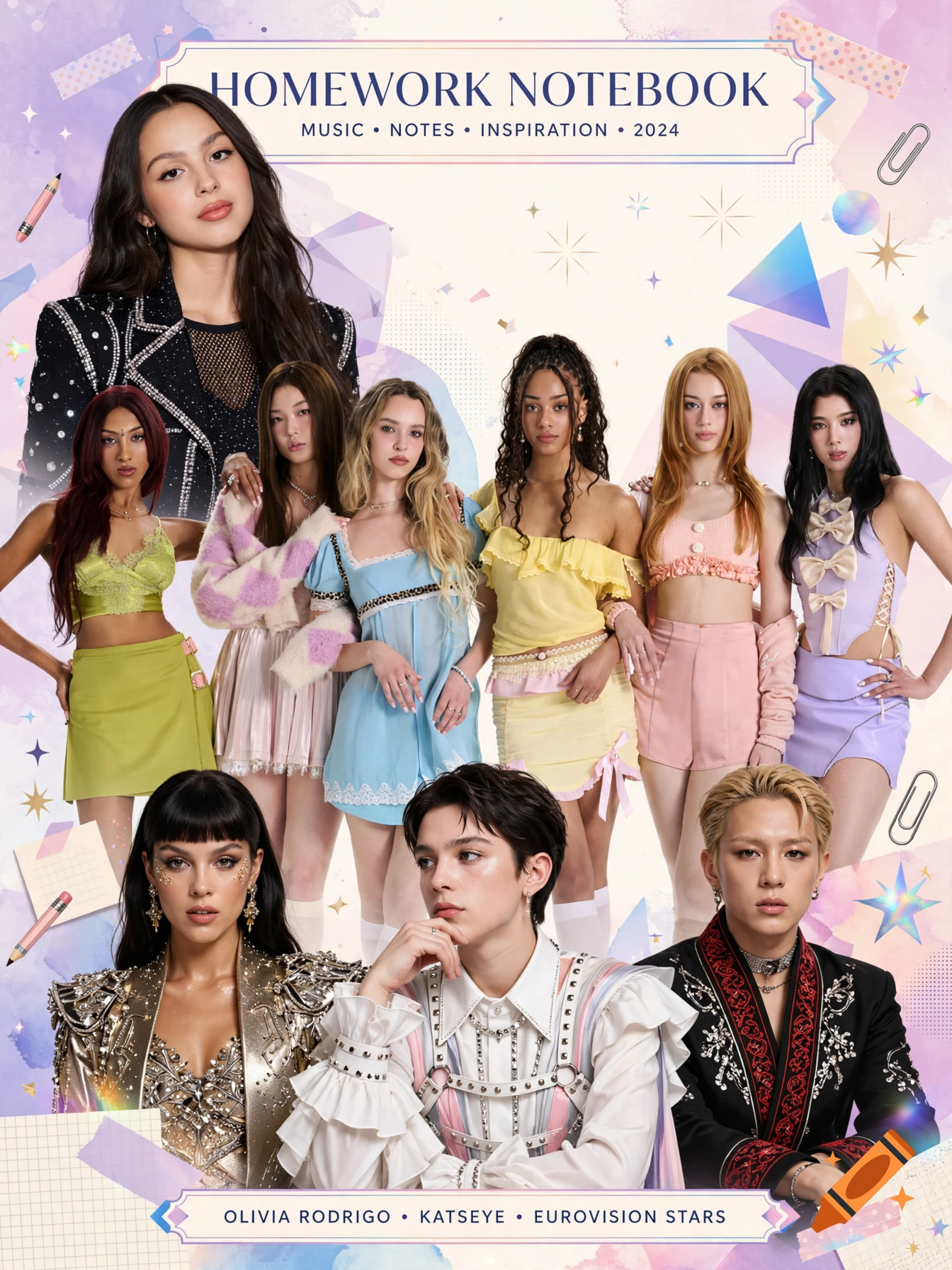 Collage style notebook cover featuring portraits of Olivia Rodrigo, Katseye members, and Eurovision stars against a pastel background.