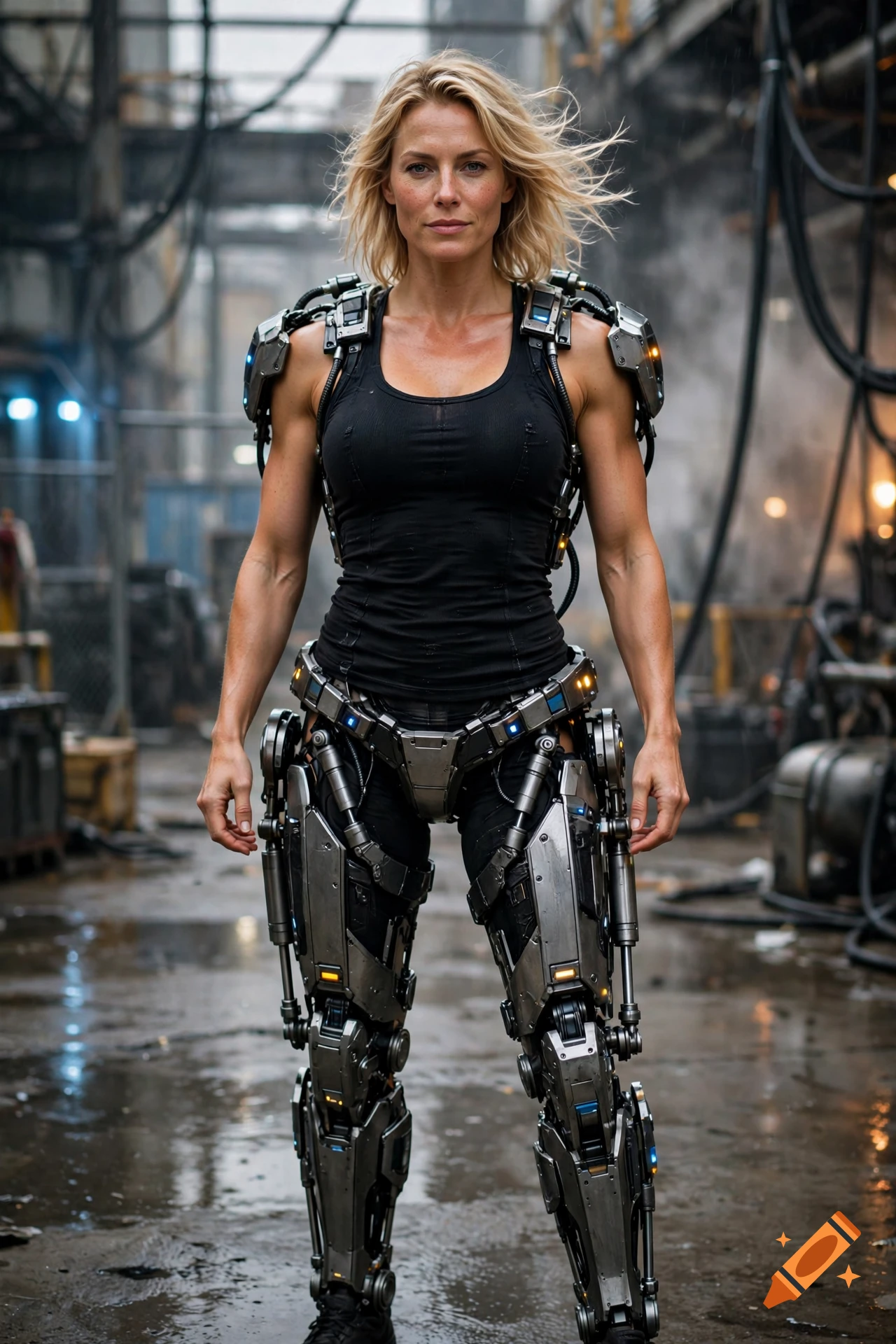 Photorealistic portrait of a blonde muscular woman wearing mechanical exoskeleton armor in a warehouse.