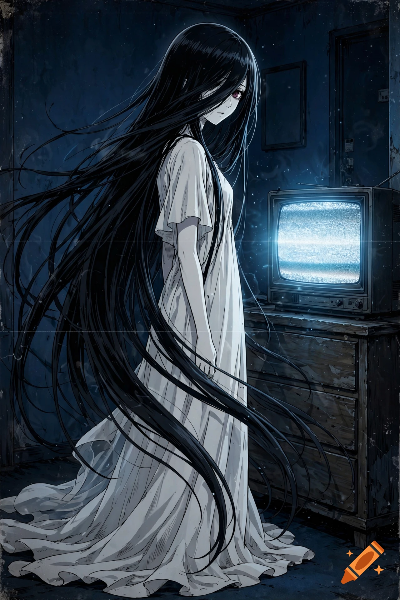 Anime style illustration of a ghostly Japanese woman with long black hair and a white dress standing in front of a static TV in a dark room.