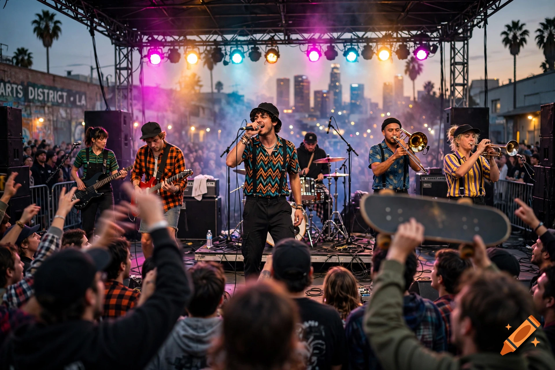 Photorealistic image of a ska band performing on an outdoor stage in Los Angeles with a crowd watching.