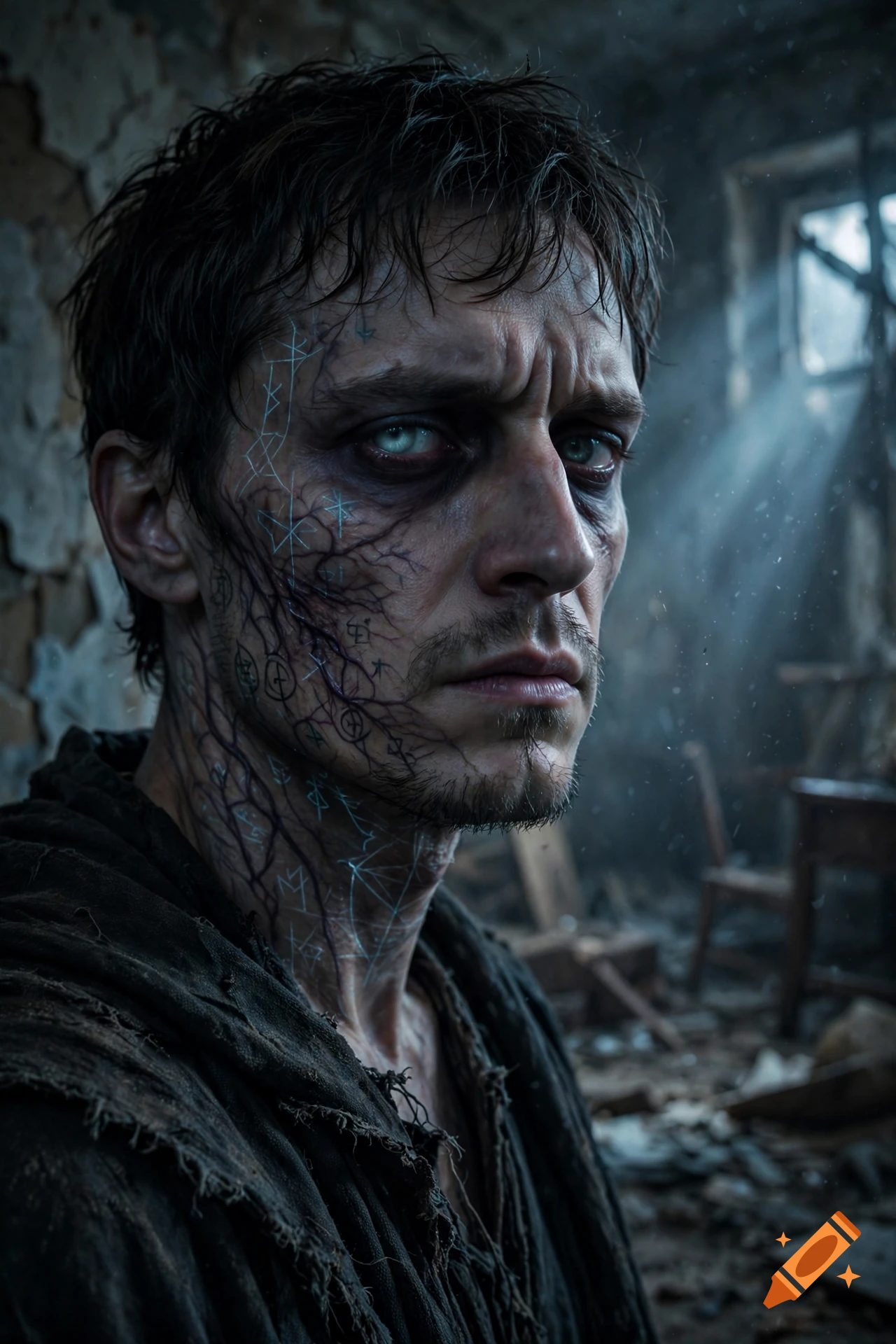 Close-up photorealistic portrait of a man with glowing runes and dark veins etched onto his face in a ruined, dusty room.