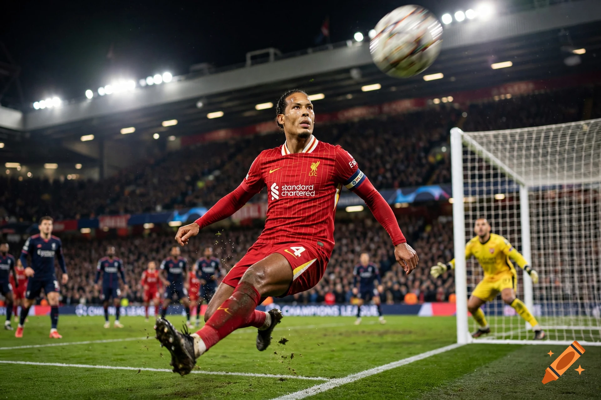 A soccer player in a red Liverpool uniform kicks a ball during a match in a packed stadium.