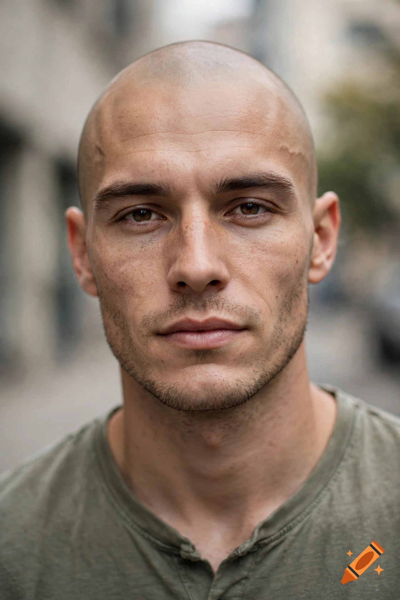 Close-up portrait of a young man with a shaved head and light stubble, wearing a green t-shirt, outdoors in an urban setting.