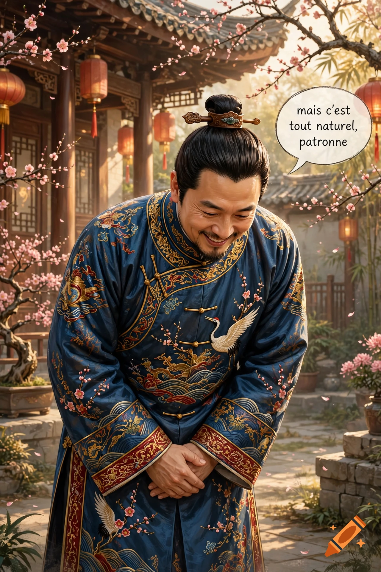 An Asian man in a traditional blue silk robe with embroidered cranes bowing respectfully, with a speech bubble containing French text.