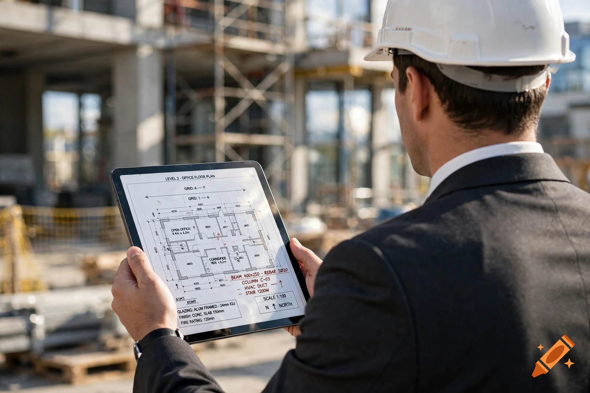 A man in a suit and hard hat holds a tablet displaying a building blueprint at a construction site.