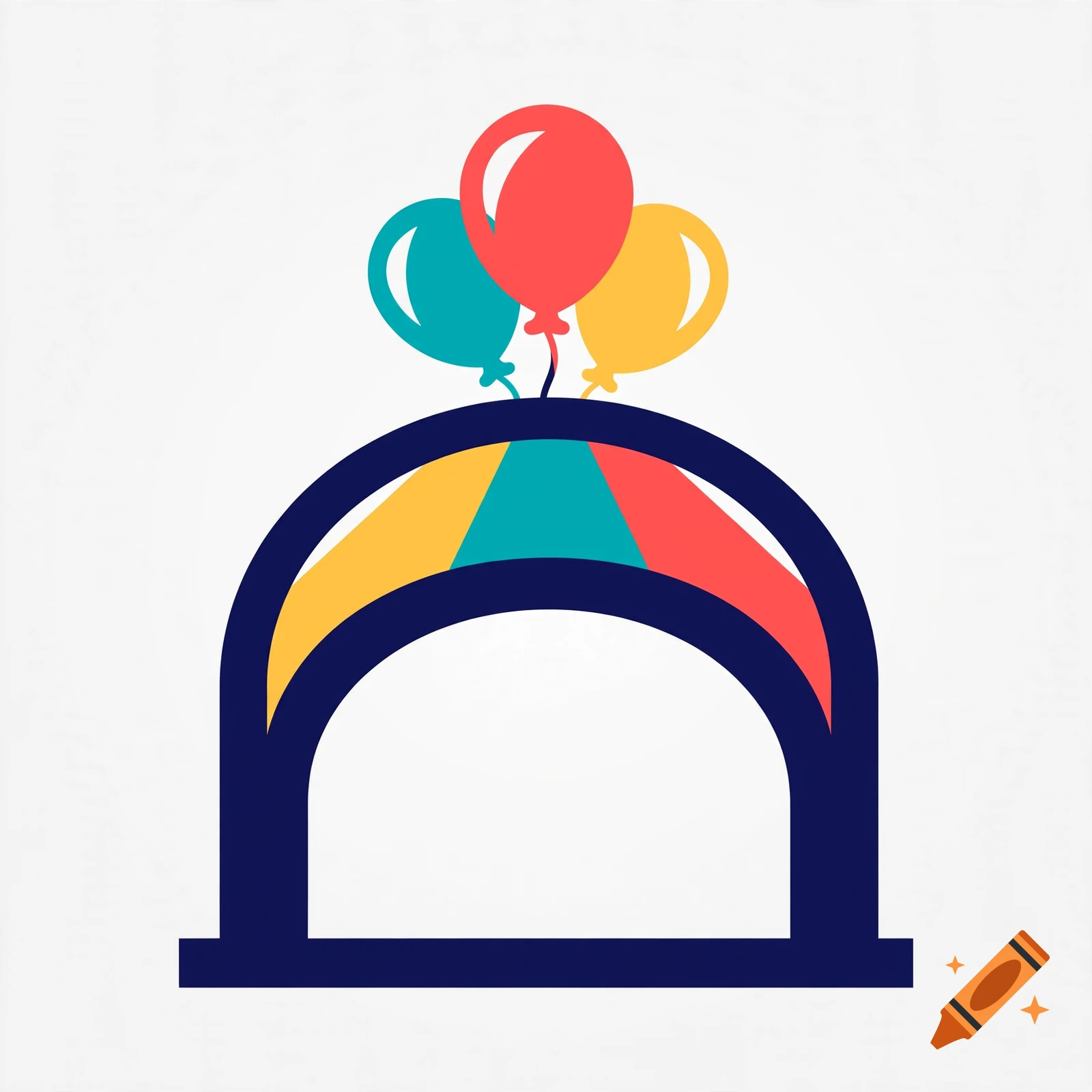Minimalist logo featuring a colorful arch with three balloons on top, flat vector style.