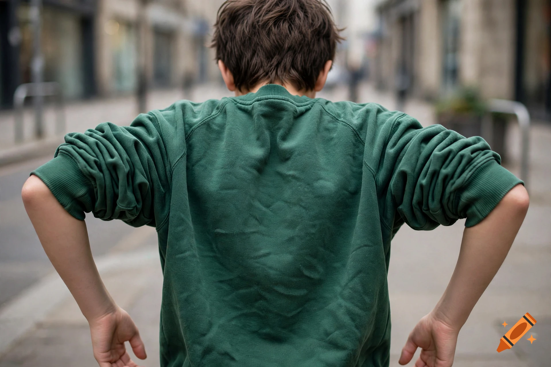 A young person from the back wearing a green sweatshirt, walking down a blurred city street.