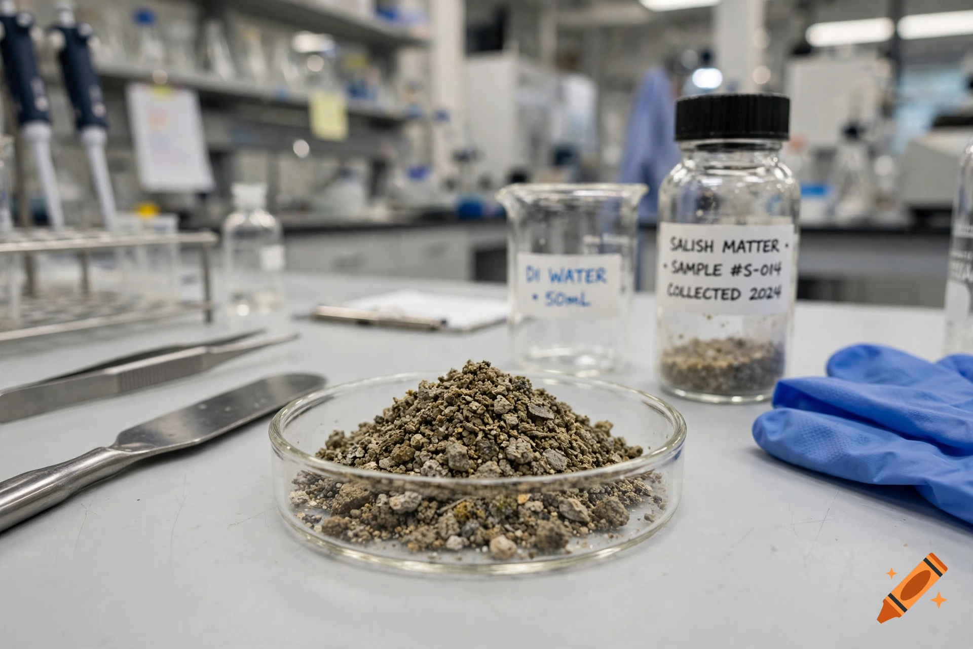 Photorealistic laboratory setting featuring a glass dish of soil samples, a beaker of distilled water, and a labeled sample bottle.