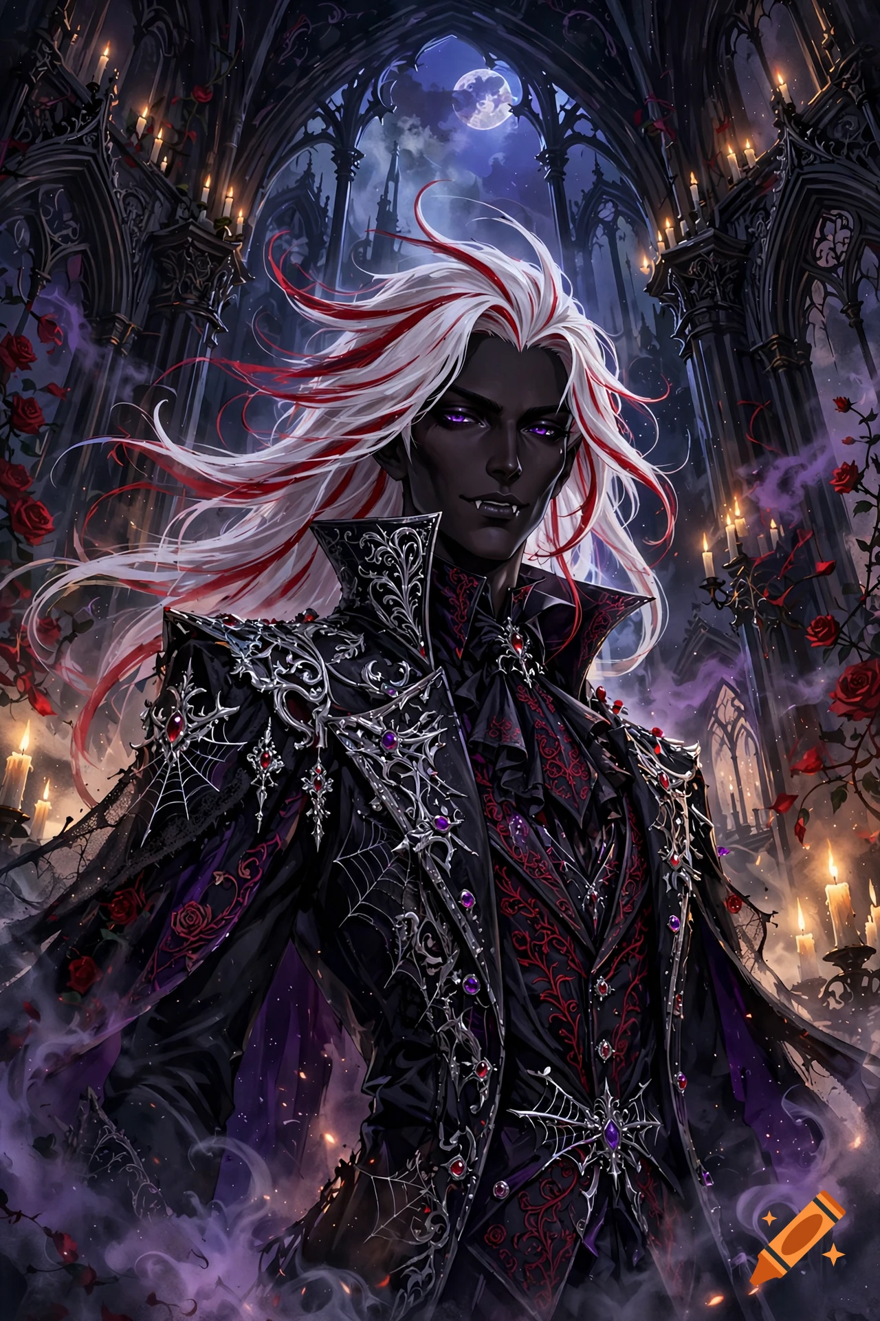 Fantasy digital art of an androgynous vampire with dark skin, white and red hair, and ornate gothic clothing in a cathedral.
