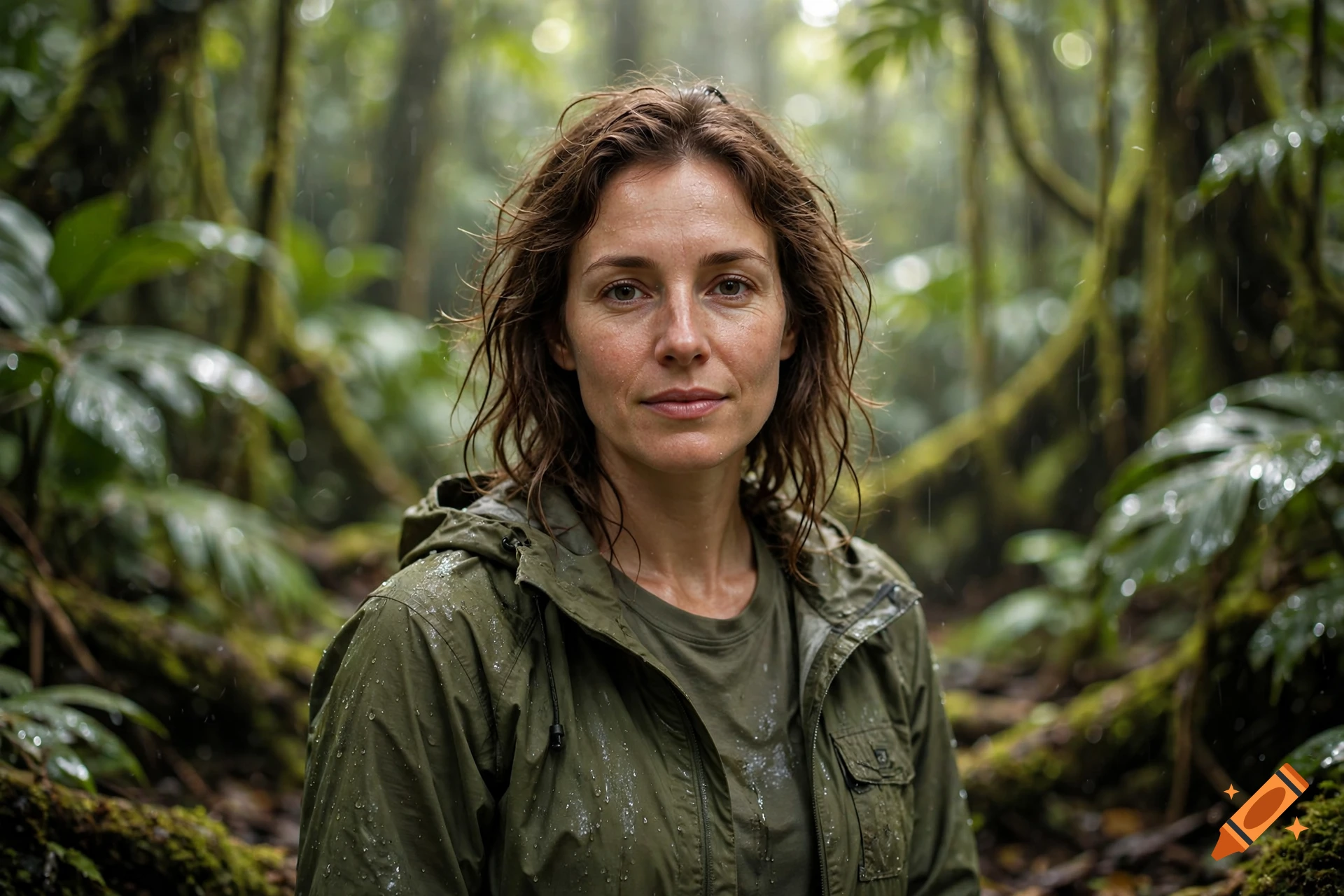 Photorealistic portrait of a woman in a green jacket standing in a lush, rainy jungle.
