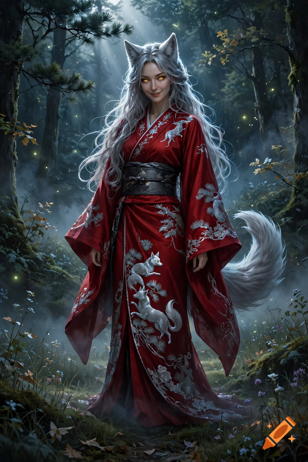 Digital illustration of a Kitsune woman with gray-white hair, fox ears, and a tail, wearing a red embroidered kimono in a moonlit forest.