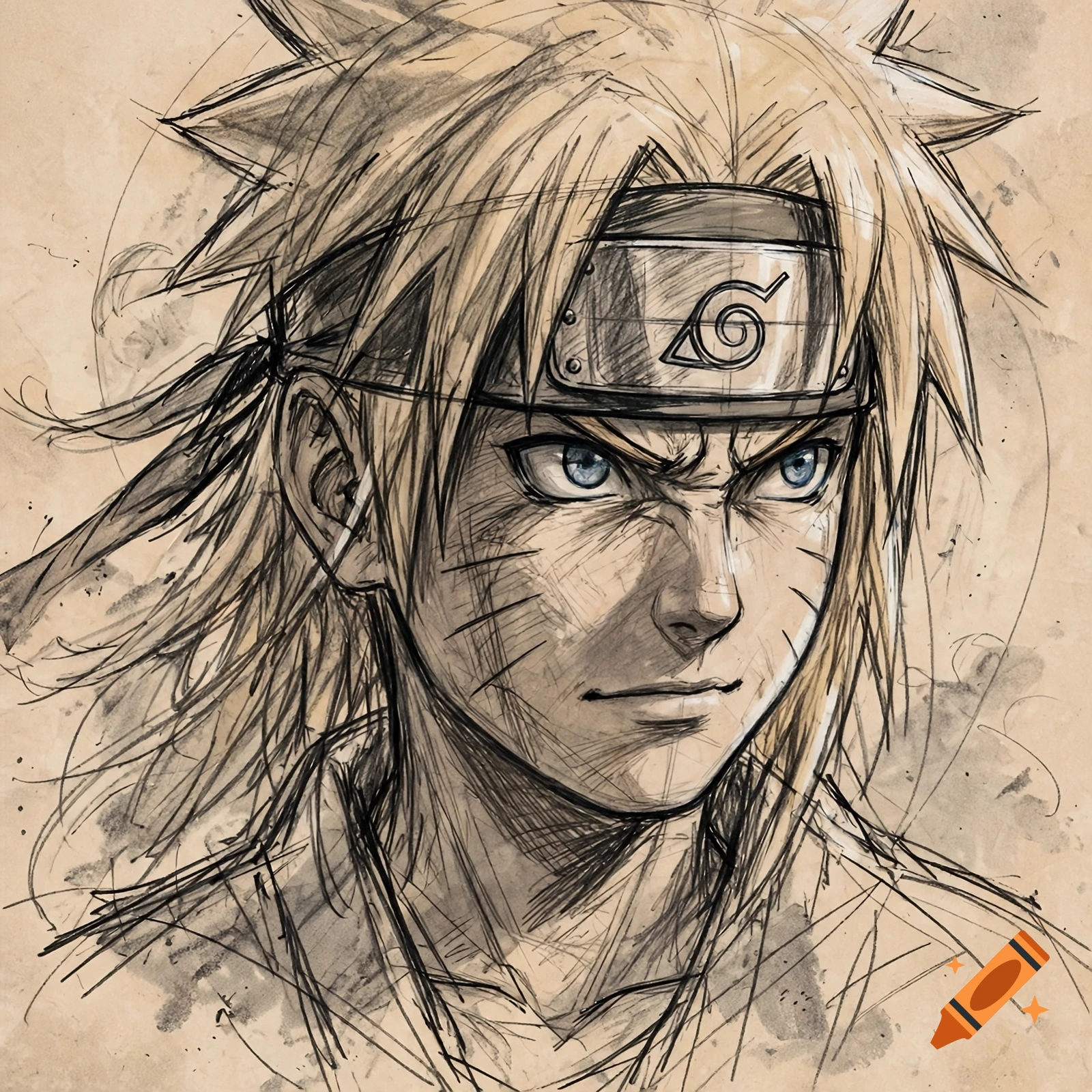 Sketch of Naruto with shoulder-length hair and headband in anime style.