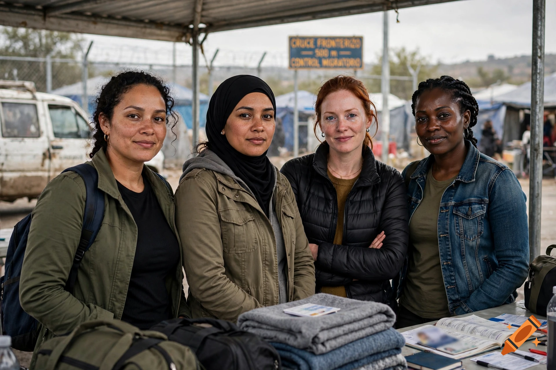Photorealistic medium shot of four diverse women standing together outdoors near a relief tent with stacked blankets in the foreground.